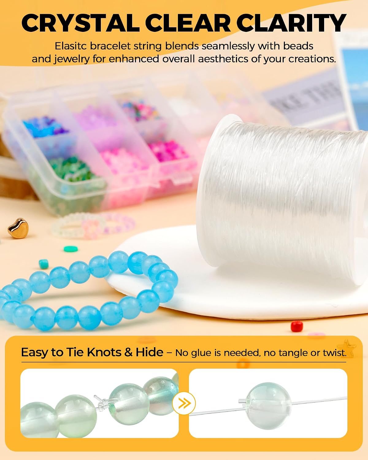 1 Rolls FIVEIZERO Elastic Bracelets String Cord, 1mm Round Crystal Elastic String for Bracelets Necklace Beading & Jewelry Making, White Transparent Stretch Bead Cord Thread