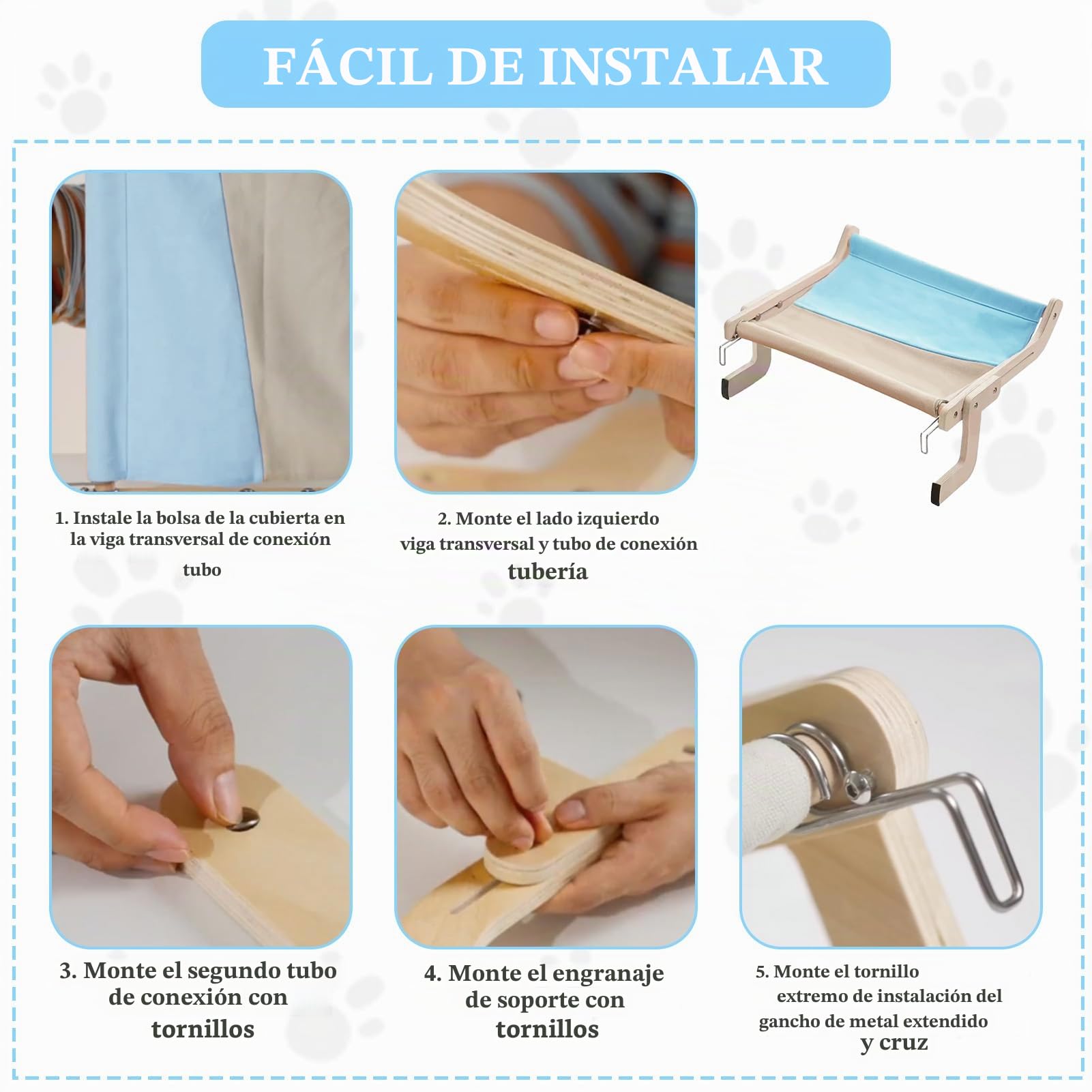 Hamaca Ajustable para Gatos en Ventana, Con Rama de Escalada y Cama Colgante, Gris y Azul (44,5 x 36 x 16 cm)