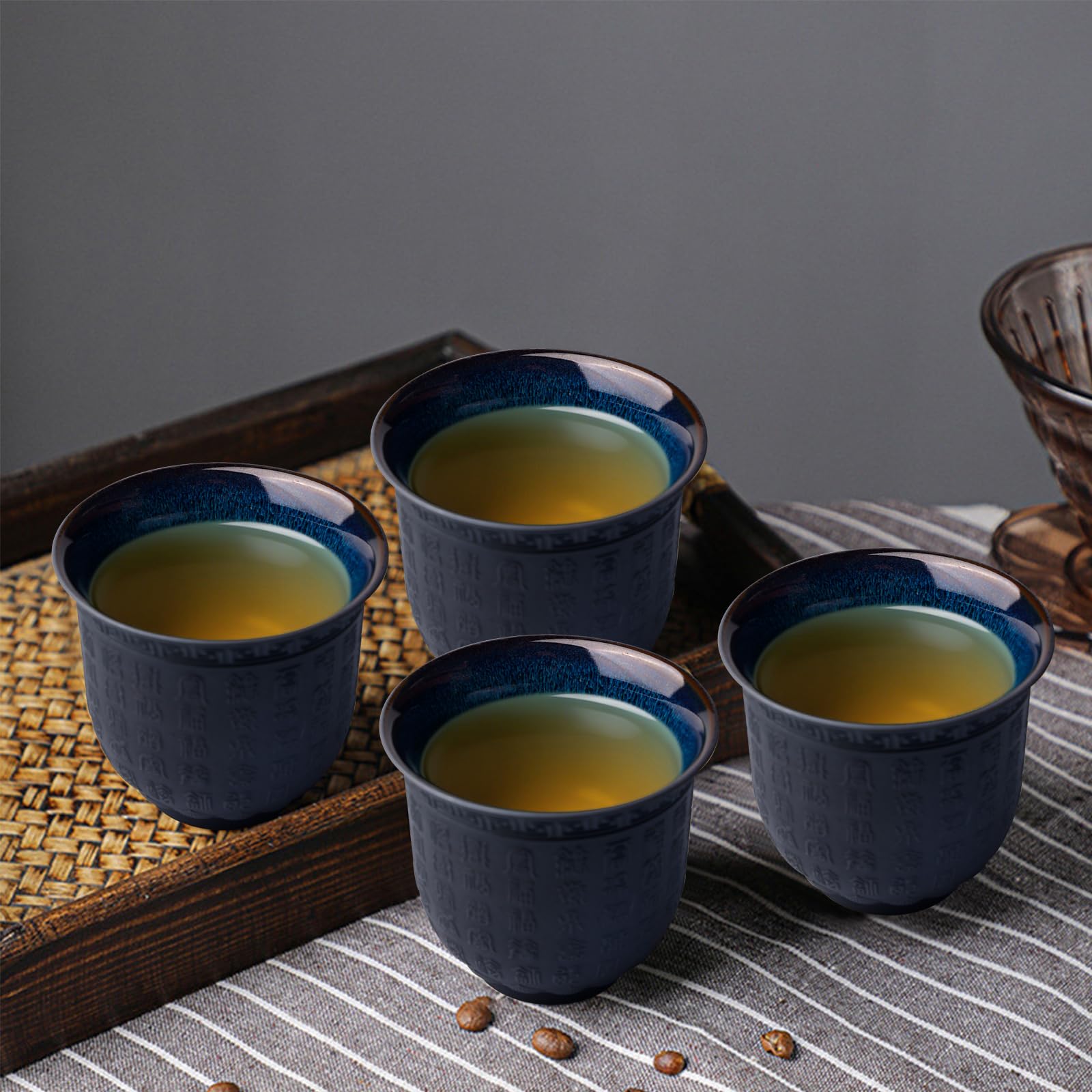 4 tazze da tè giapponesi, 165 ml, tazze da tè asiatiche, cuore buddista Sutra, in ceramica, con motivo a forma di cuore, viola, per tè, sake, espresso, caffè, tazza da tè in rilievo