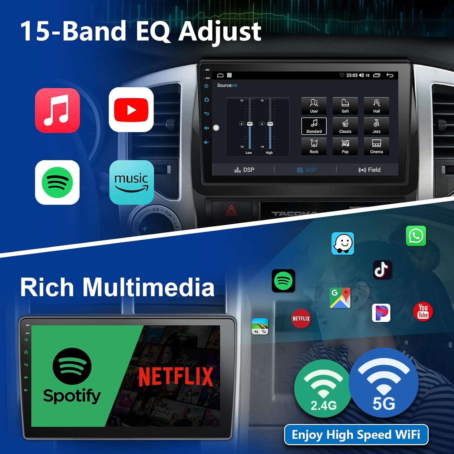 Car Radio Stereo for Toyota Tacoma 2005-2015, 9 Inch 1024 * 600 HD Touch Screen Car Stereo, Android 13 CarPlay Android Auto Bluetooth 5G WiFi GPS FM 2+36G