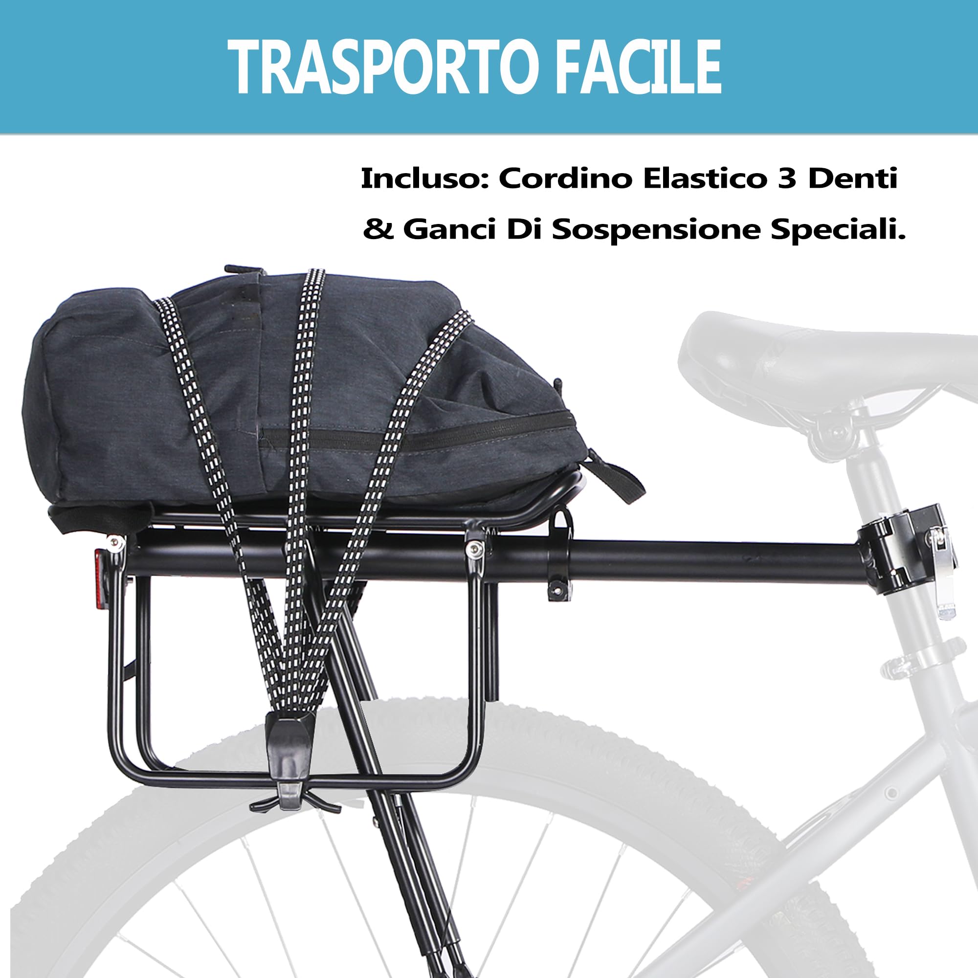 Portapacchi Posteriore per Bici, Portapacchi per Bici da Carico, Morbida Imbottitura Sospesa, Grandi Paratie di Protezione e Riflettenti, Regolabile, Universale, Adatto per Telai da 24" a 29