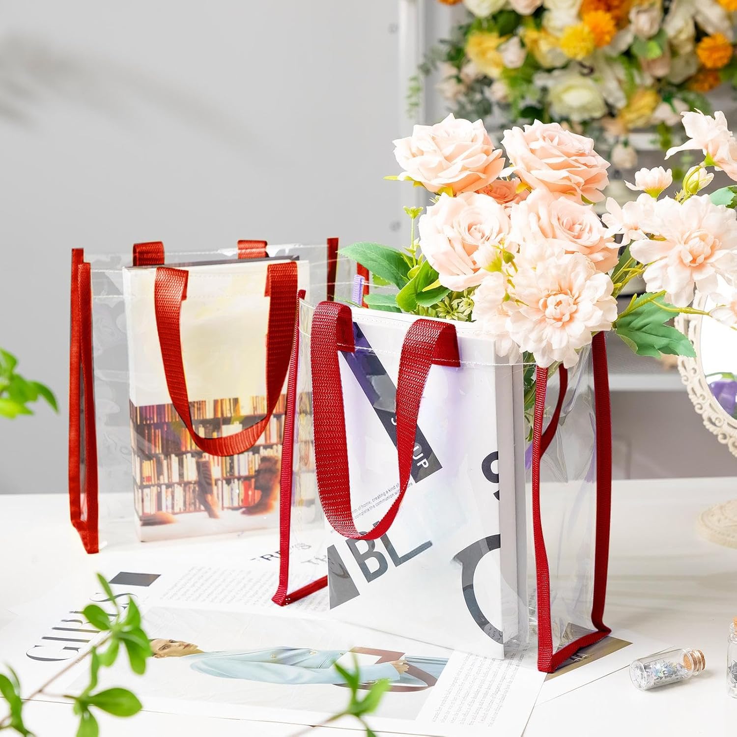 Paterr 30 Pcs Clear Tote Bag Stadium Approved Bulk 10 x 10 x 4 inch Plastic Tote Gifts Bags with Handle for Women Sports Gym(Red) - Image 3