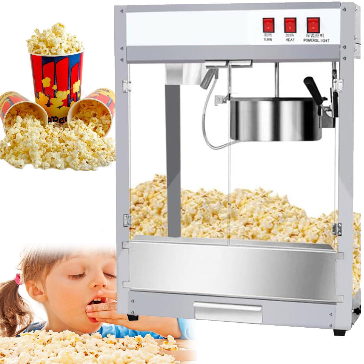 Macchina per Popcorn Macchina Retro, Macchina per Popcorn Elettrica da 1600 W, Popcorn Fresco Fatto in Casa Meno di 3 Minuti, (Acciaio Inossidabile, Vetro Temperato, Alluminio, Teflon)