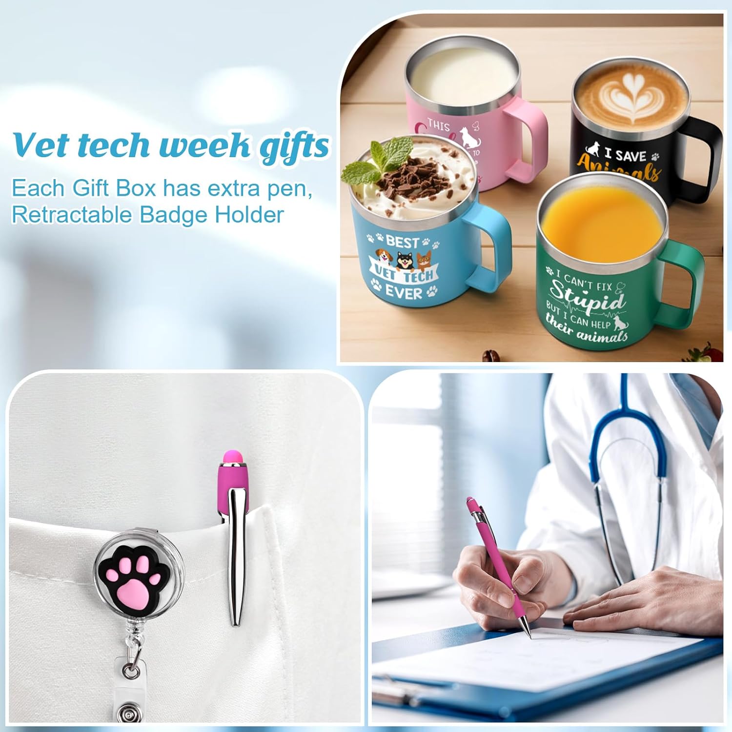 Qtencas 4 Pack Vet Tech Gifts, 14oz Stainless Steel Coffee Mug Bulk for Veterinarian, Vet Tech Week Gifts for Veterinary Technician Assistant Christmas Birthday Graduation Gift Ideas, 14oz