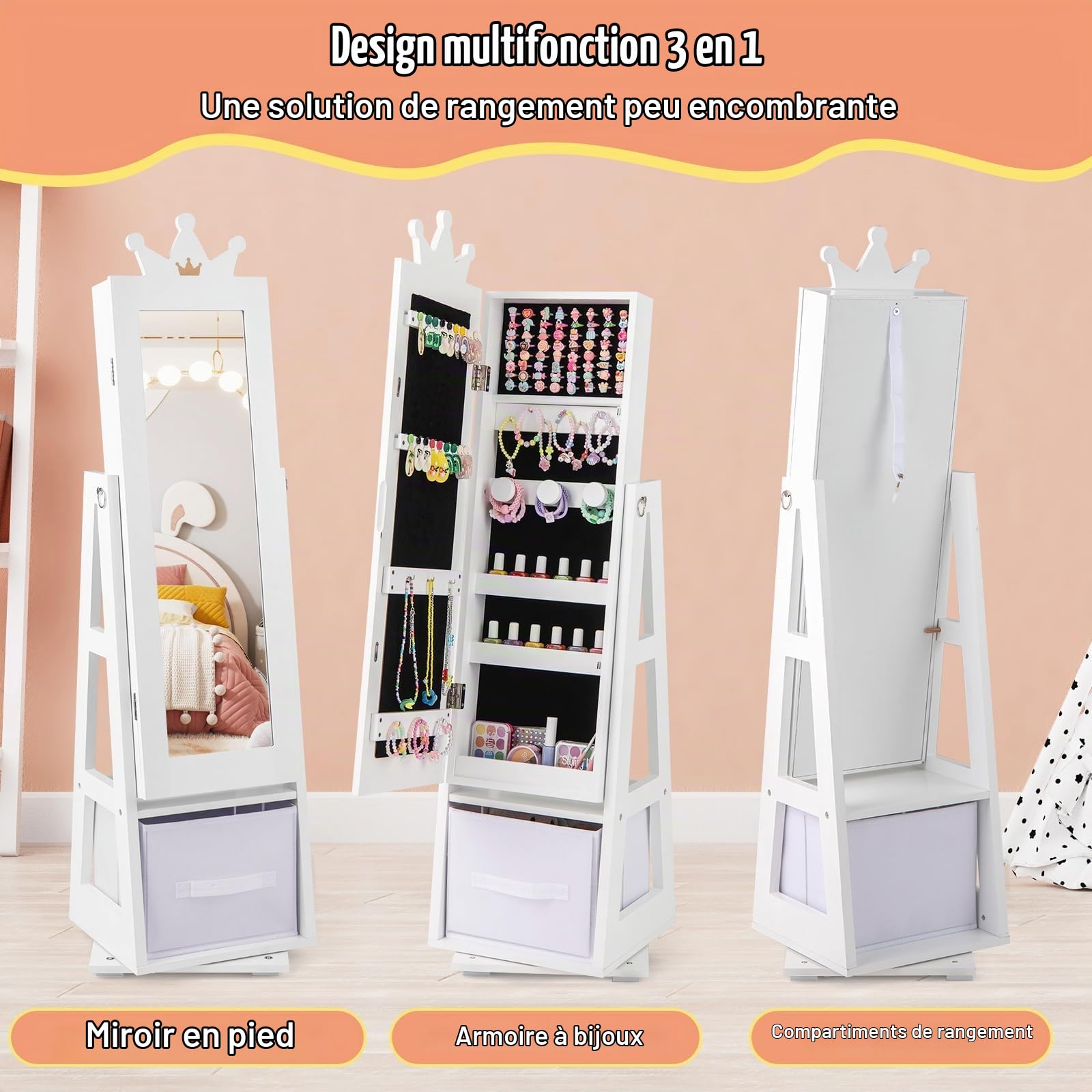 FANTASK Armoire à bijoux 3 en 1 pour enfants - Pivote à 360° - Avec miroir pleine longueur et panier de rangement - Blanc - Étagère à bijoux - Miroir de maquillage en forme de couronne - Pour enfants
