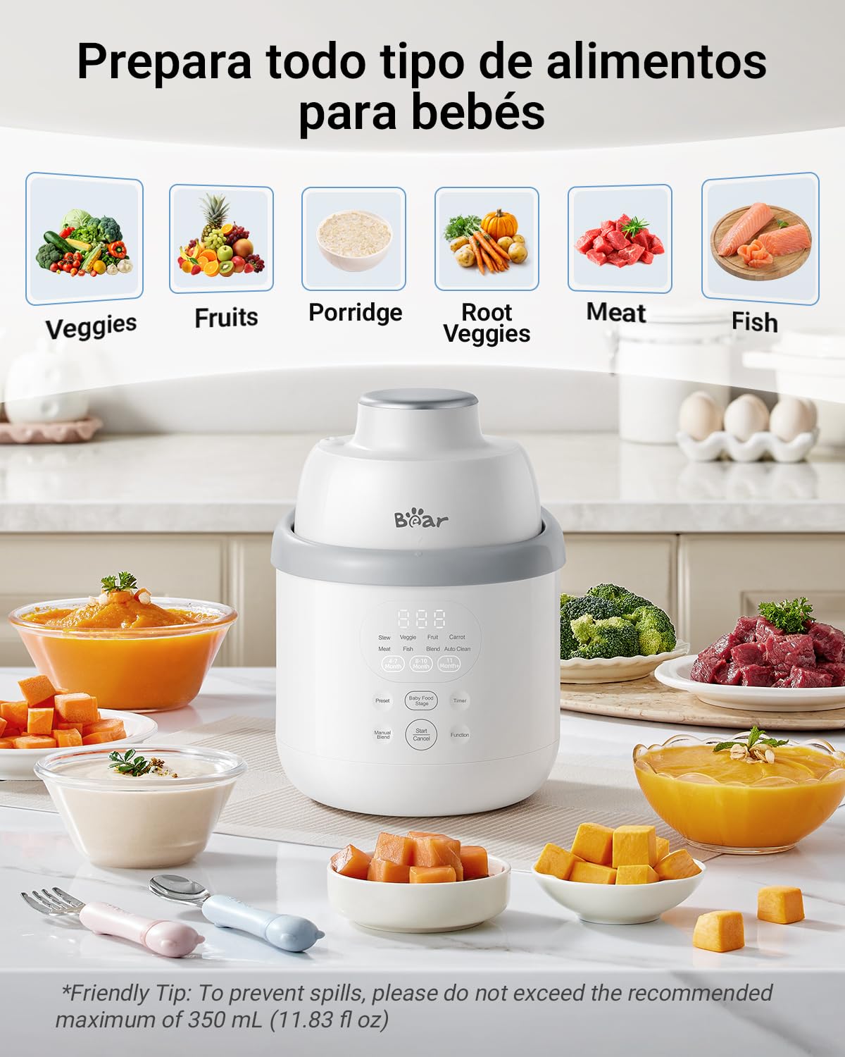 Bear Robot de Cocina para Bebé NutriEase AllStage Acero Inoxidable, Procesador de Alimentos para Bebé OneStep, Cocción y Molienda Automática para Comida Casera Saludable, Sin BPA