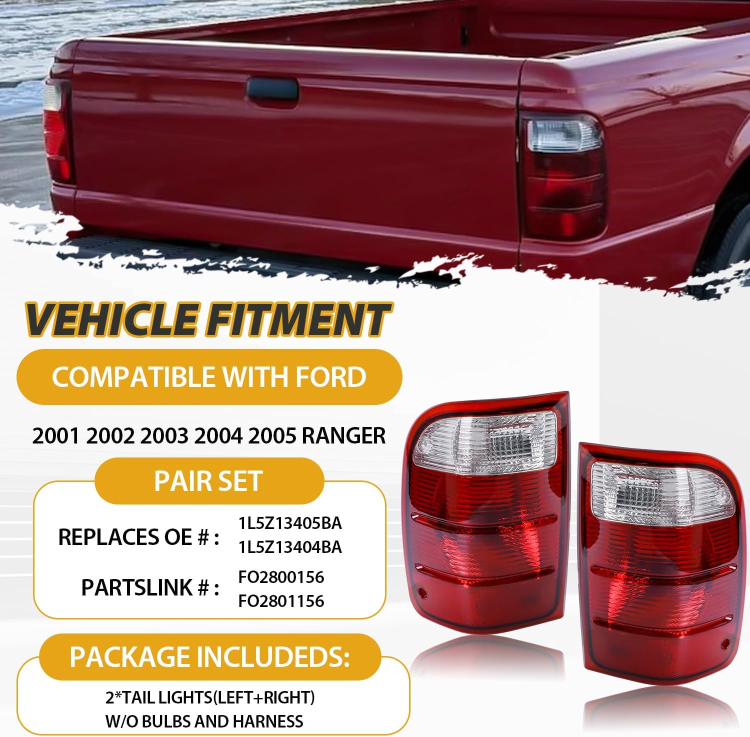 Tail Light Assembly Compatible with Ford Ranger 2001 2002 2003 2004 2005 Halogen Model, Factory-OE-Style Headlamp Replaces 1L5Z13405BA 1L5Z13404BA FO2800156 FO2801156, Left and Right Side