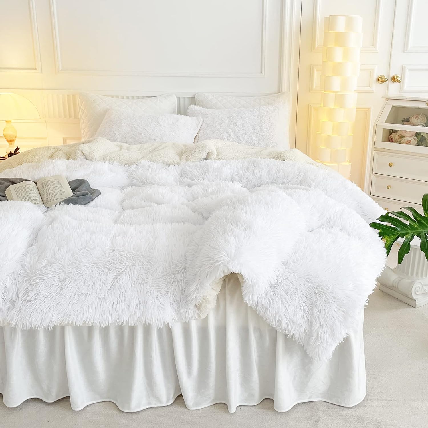 UOZZI BEDDING White Faux Fur Comforter Set King 3 Pieces - 1 White Shaggy Comforter with 2 Pillowcases - Ultra Soft and Easy Care Luxury Plush Warm Winter Duvet Set - Image 4
