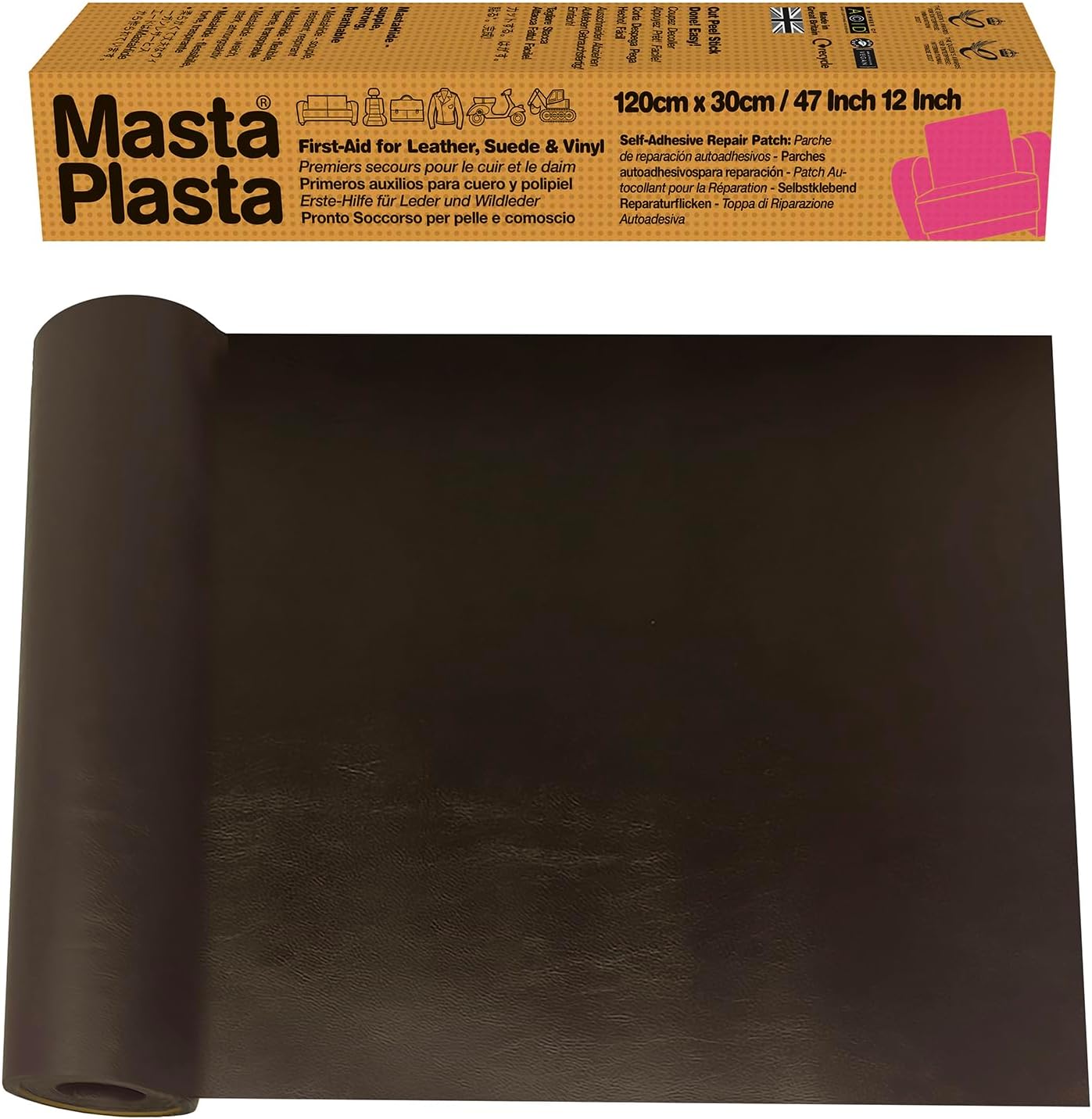 MASTAPLASTA Original Self-Adhesive Leather Repair Patch Roll Tape- Dark Brown 47.5in x 12in (120 x 30cm). Instant Upholstery-Quality Scratch and Tear Repair for Sofas, Car Seats, DIY, Craft
