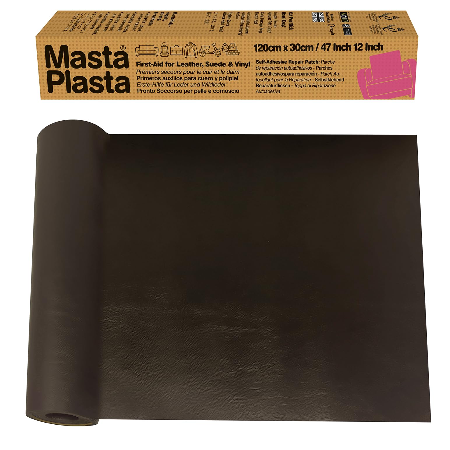 The Original All-in-One Leather Repair Kit by MastaPlasta. Self Adhesive Leather Repair Patch for Sofas - Dark Brown 120 x 30cm (47 x 12in). Easy Upholstery-Quality Leather Repair for Car Seats & DIY