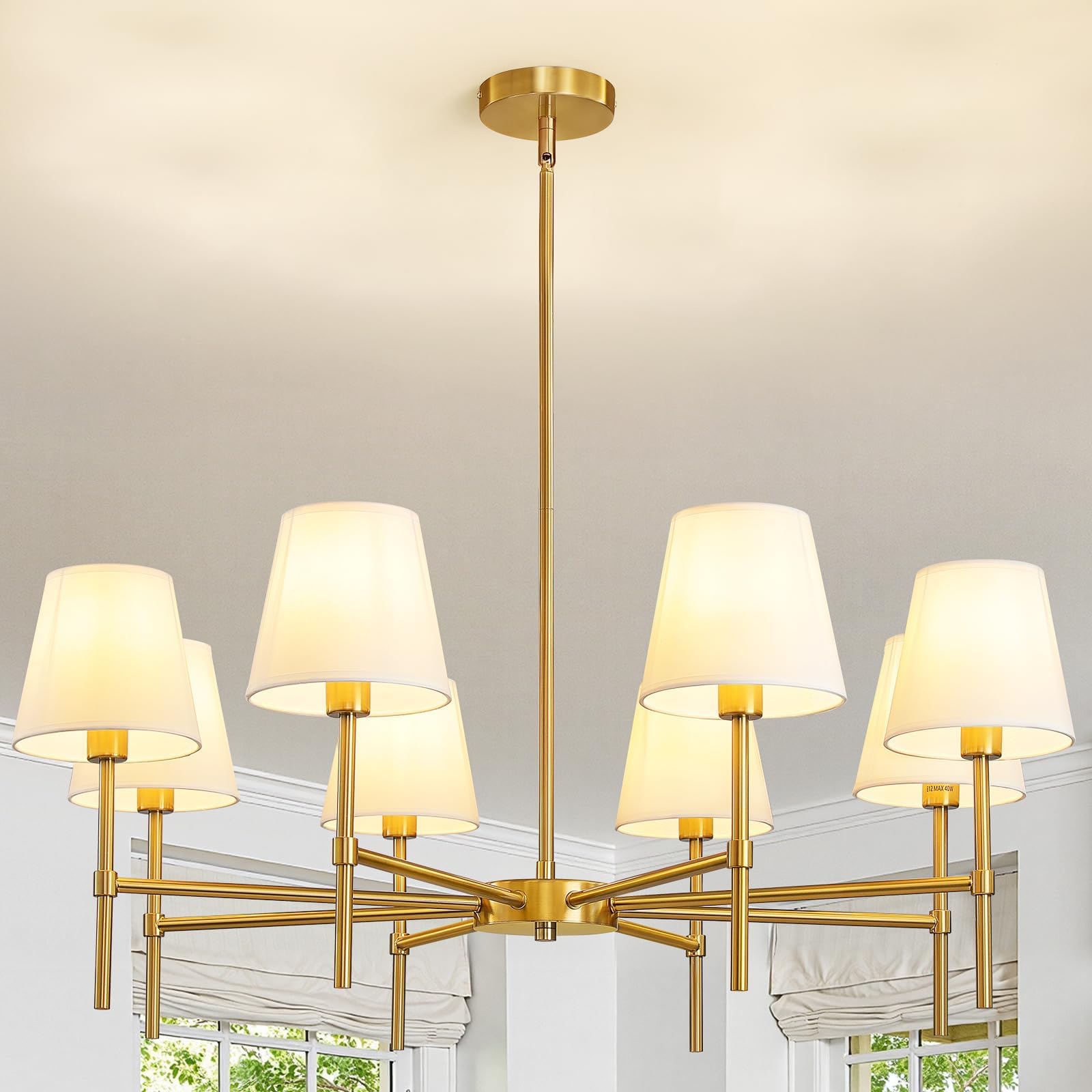 8-Light Gold Chandelier with White Fabric Shades E27 | Brushed Brass Finish, Ceiling Pendant Light, Living & Dining Room, Classic Design, Adjustable Rod Height-image-25