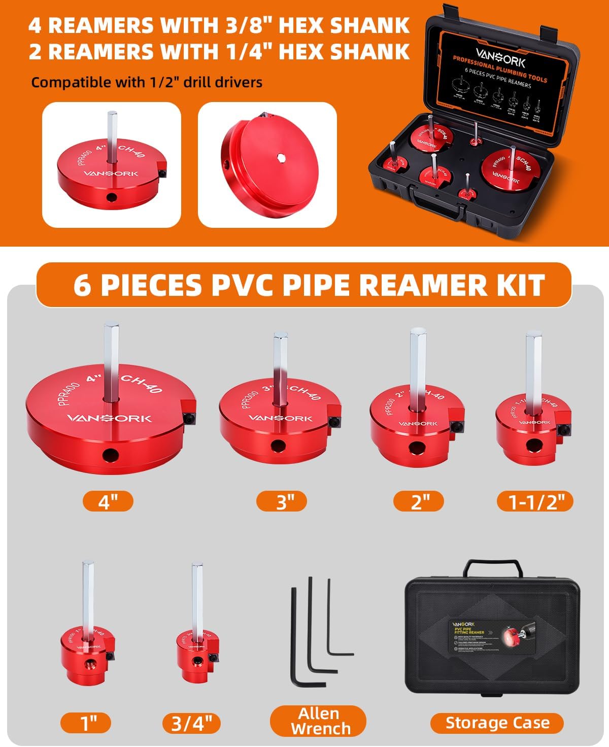6 Pieces PVC Pipe Fitting Reamer Kit, Plastic Pipe Reamer Tool with 3/4", 1", 1-1/2", 2", 3", 4", PVC Fitting Saver for SCH40, ABS, CPVC Pipe, Fit into Standard 1/2" Drills