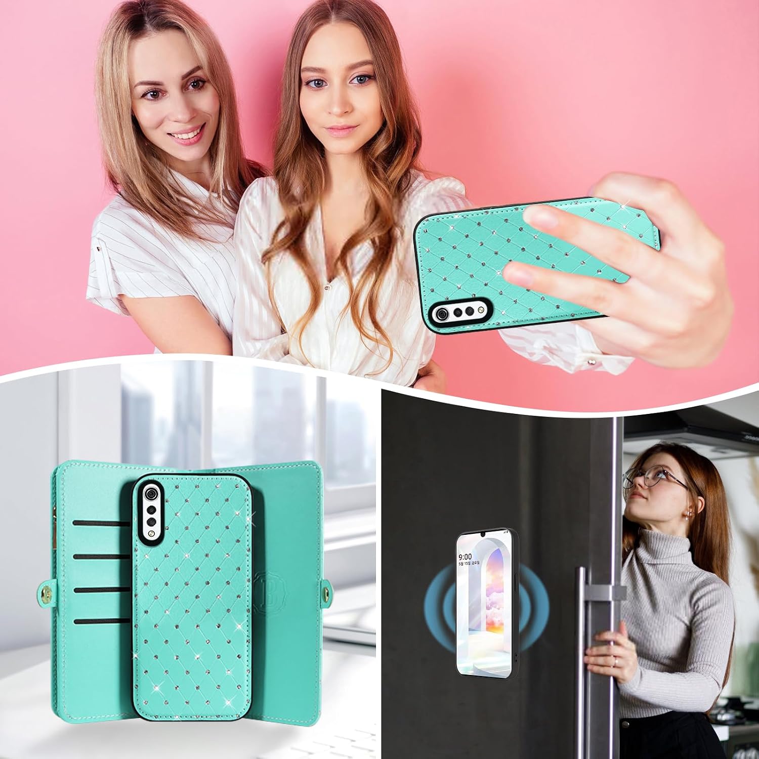 Asuwish Phone Case for LG Velvet 5G/LGVelvet Verizon G5 UW T-Mobile 2020 Zipper Wallet Detachable Cell Cover with Screen Protector Strap Glitter Flip Card Holder Slot LM G900UM 4G Tmobile Women Teal