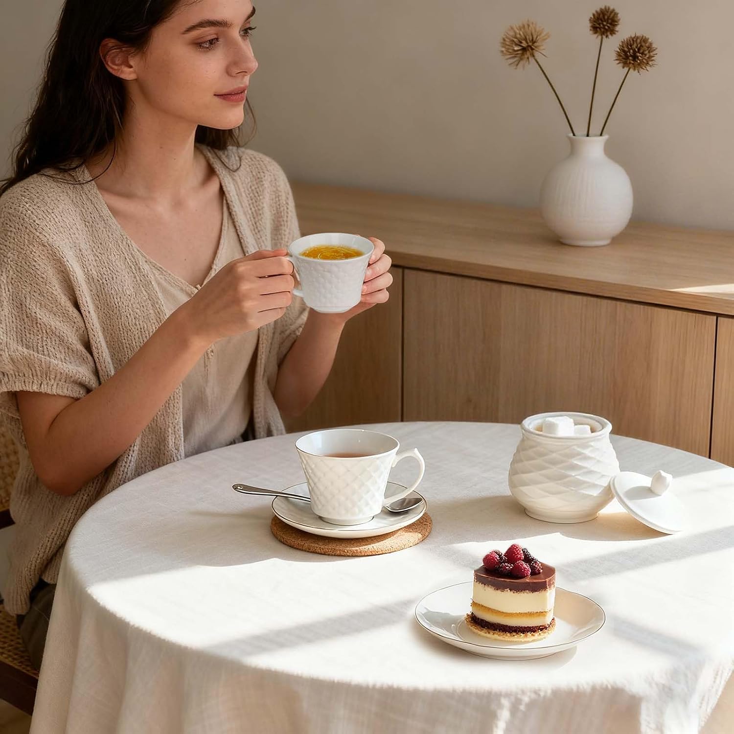 6.1oz Ceramic Coffee Cups,Cappuccino Cup with white embossed design for Woman,Man,Mom,Dad,Modern Coffee Mugs Set of 4, Dishwasher&Microwave Safe