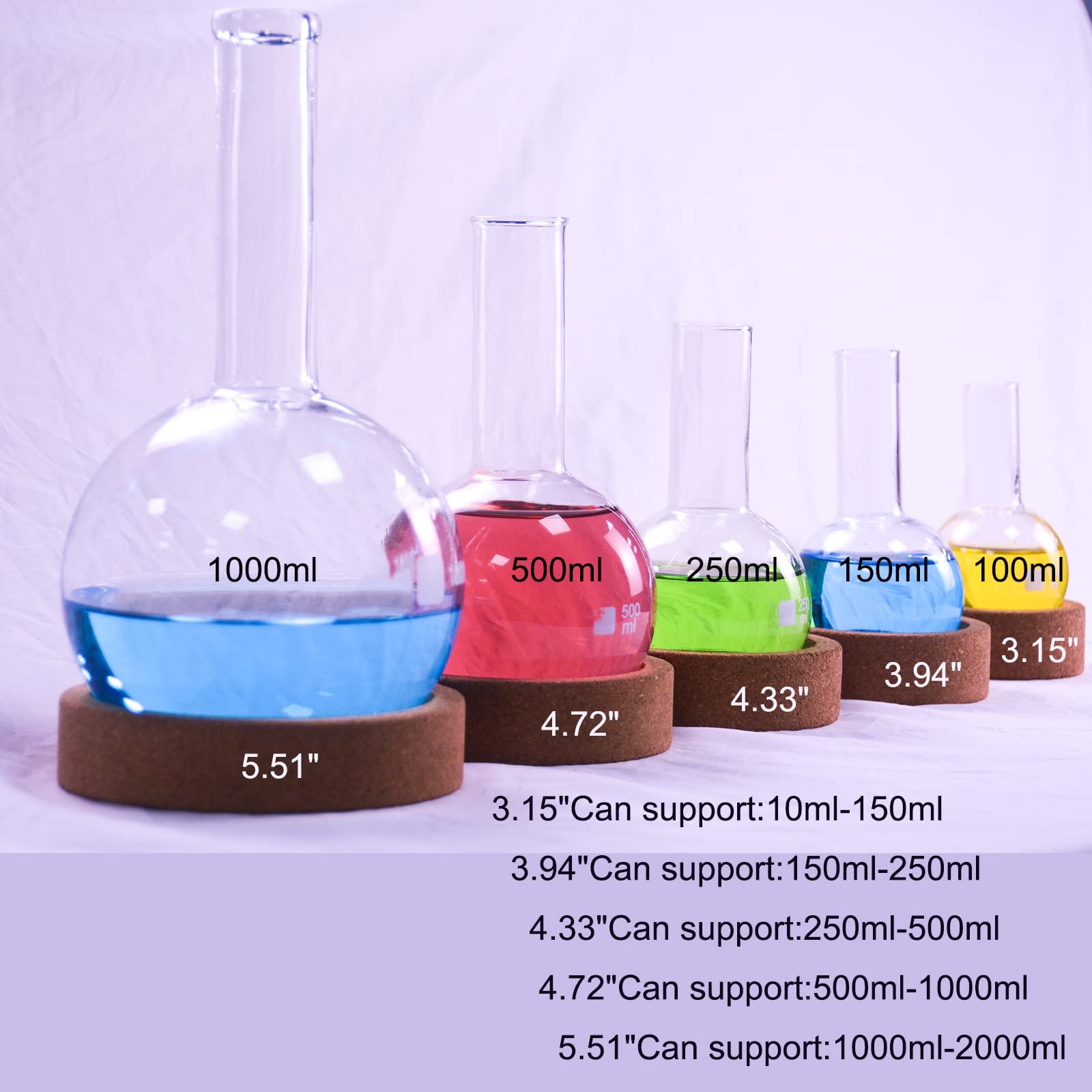 Material de soporte de corcho para matraz de laboratorio, 4 tamaños para frascos de 100 ml a 2000 ml, parte inferior redonda