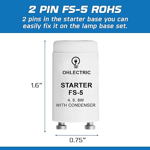 Miniatura 3 de OHLECTRIC Arrancador de lámpara fluorescente - Ofrece arranque sin parpadeo - Arranque de bombilla duradero - Cumplimiento FS-5 Rohs - Piezas y