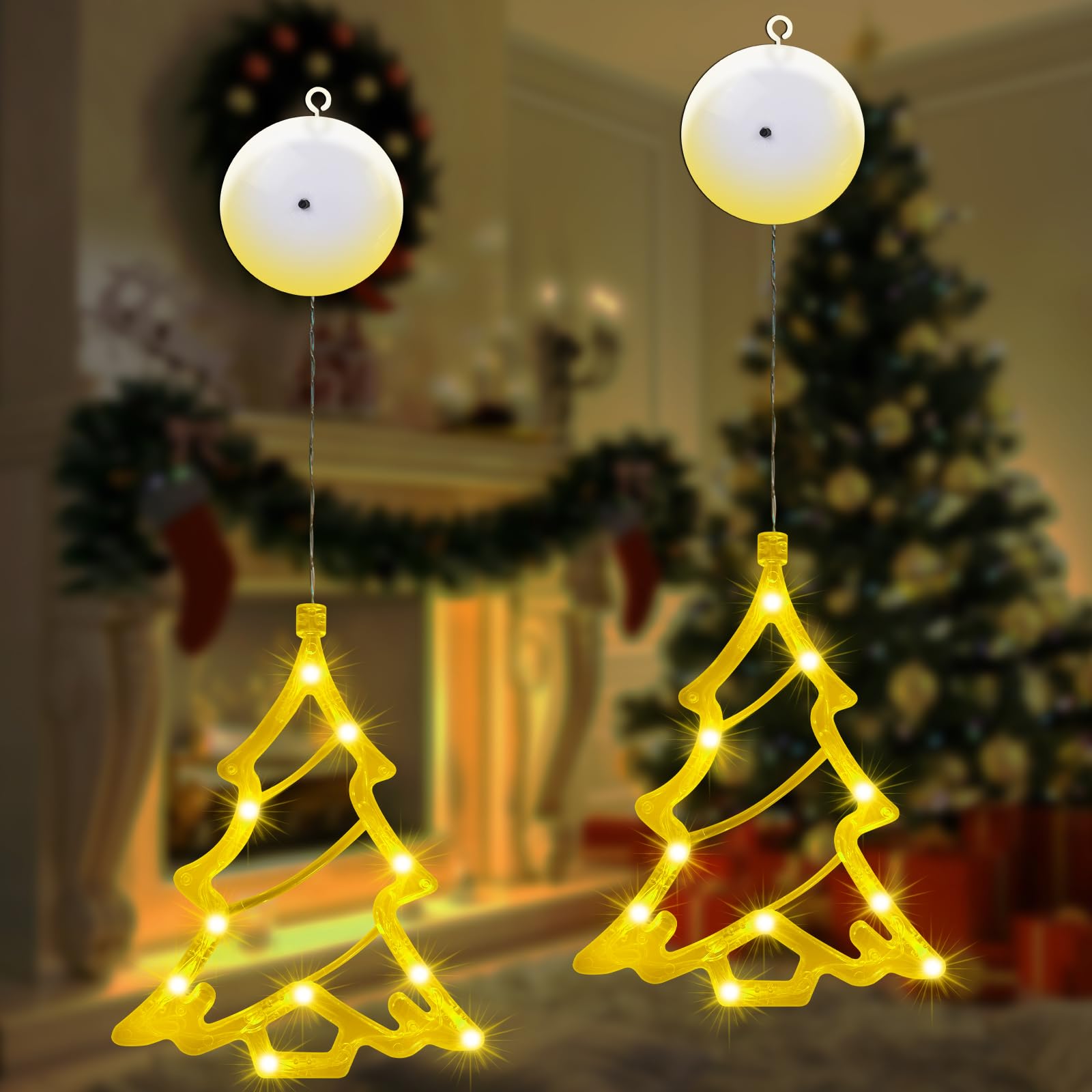 AUAUY Christmas Window Lights, 2Pcs Hanging Christmas Tree Windows Lights with Suction Cup, LED Warm White Battery Operated 3 Modes, for Indoor Home Wedding Party Christmas Decorations-Tree — image 1