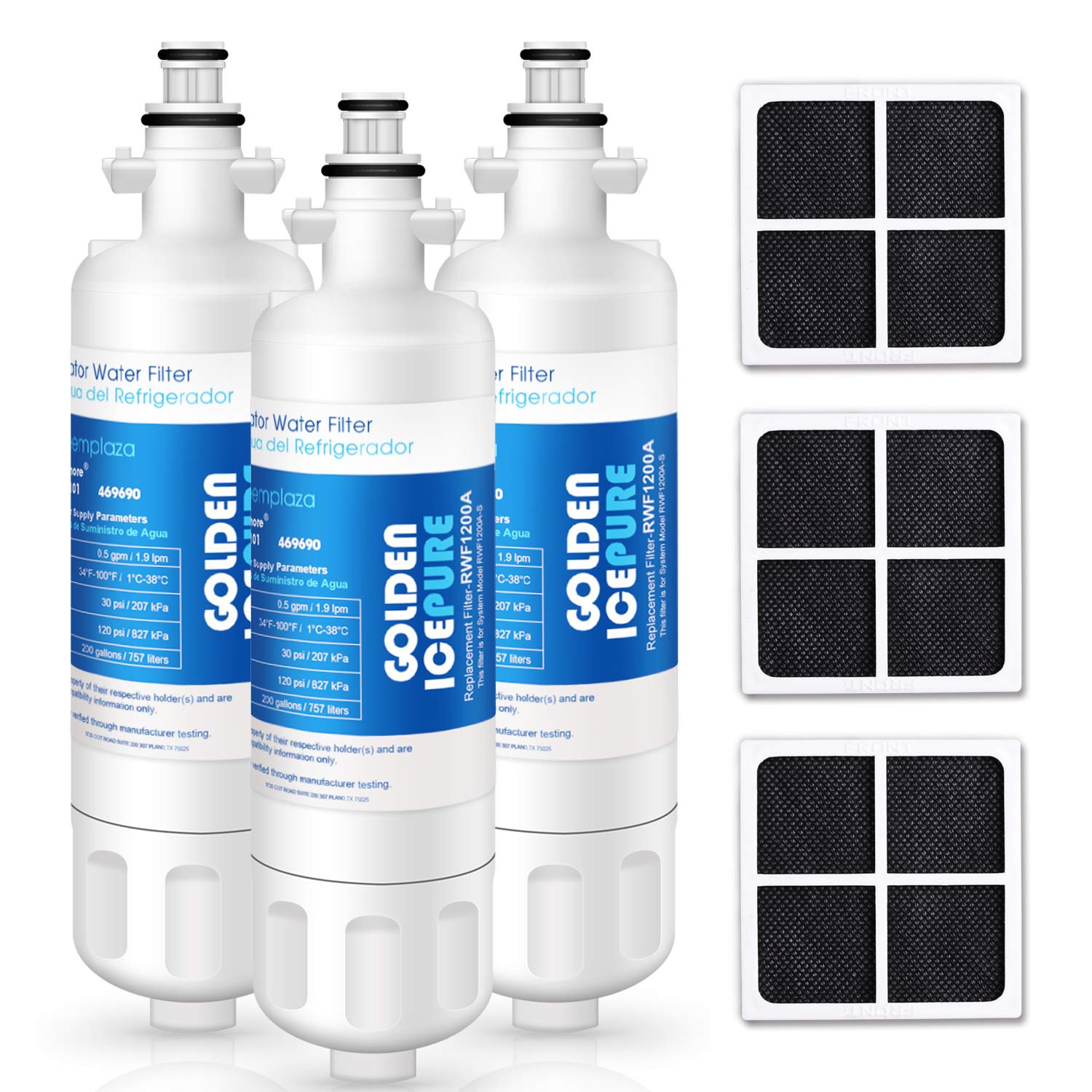 GOLDEN ICEPURELGLT700P Replacement for Kenmore 469690, LG ADQ36006101 RWF1200A Water Filter Air Filter LT120F, 469918 Refrigerator LFX31945ST, LFX31925ST, LFX30766S, LFXC24726, LFXS24623 Combo, 3Pack