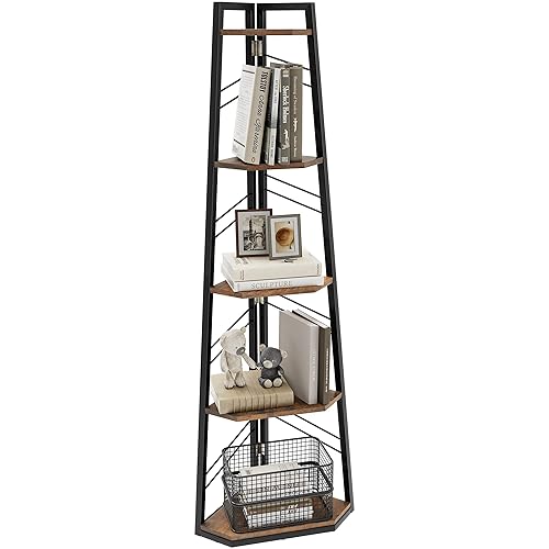 DWVO Corner Shelf 5 Tiers, Corner Bookshelf with Metal Frame, Industrial Ladder Bookcase Floorstanding Display Shelf Tall Storage Rack for Living Room Kitchen Bedroom, Rustic Brown Book Shelves - Rustic Brown