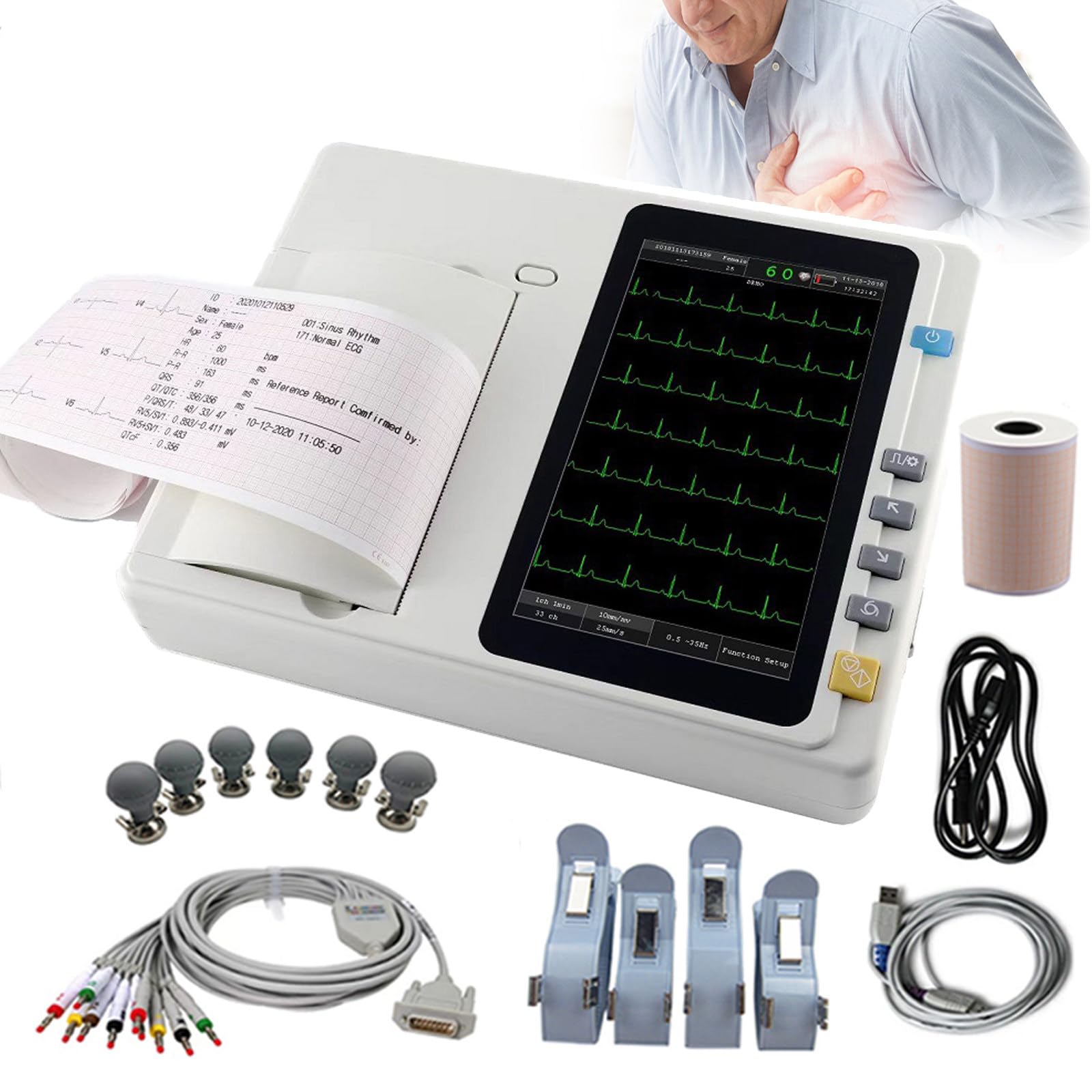 Monitor De ECG Portátil con Papel De Impresión, Máquina De ECG De 3 Canales Y 12 Derivaciones, Electrocardiógrafo Portátil De 7 Pulgadas, Actualización De Software Mediante USB/Tarjeta SD.