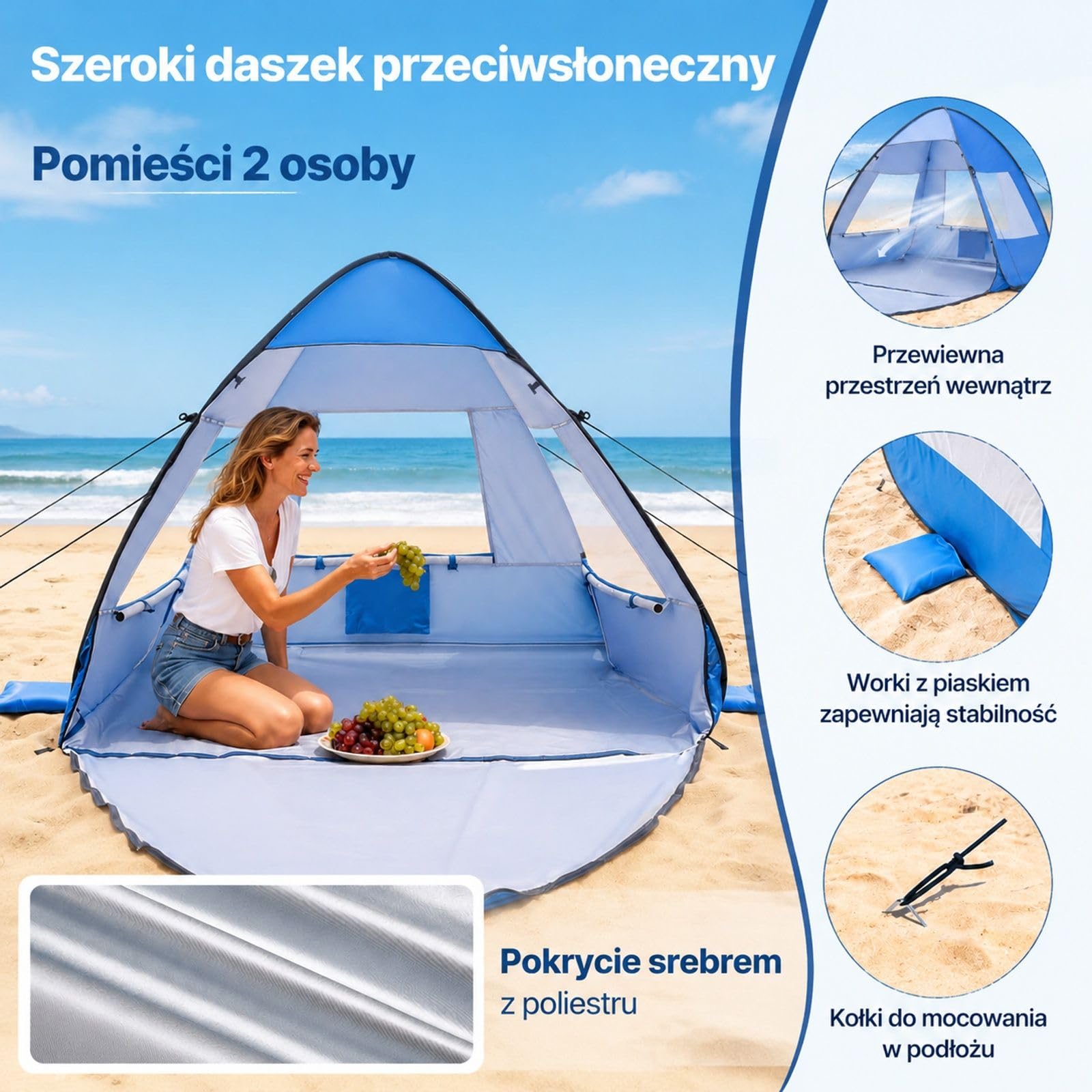 Przenośny namiot plażowy dla 2 osób z torbą transportową, metalowymi słupkami, na kemping, wędkowanie, piknik