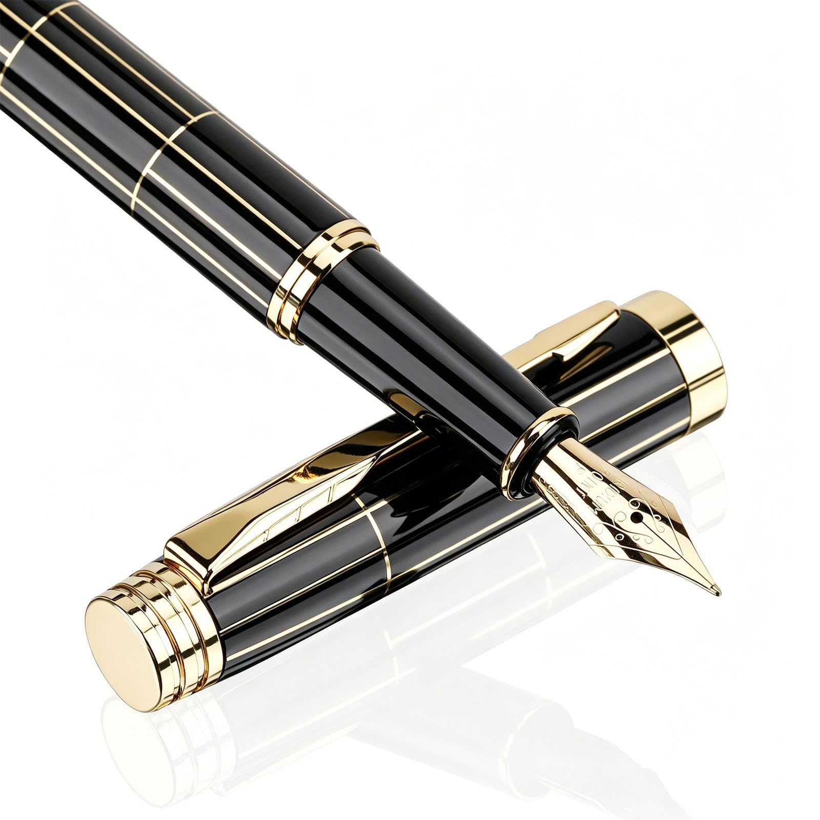 Tiankool Luxury Fountain Pen,Fine Nib, Exquisite Pen Gift Set for Men&Women-Includes 10 Ink Cartridges&Ink Converter- Nice Pens - Black - Gold Plaid
