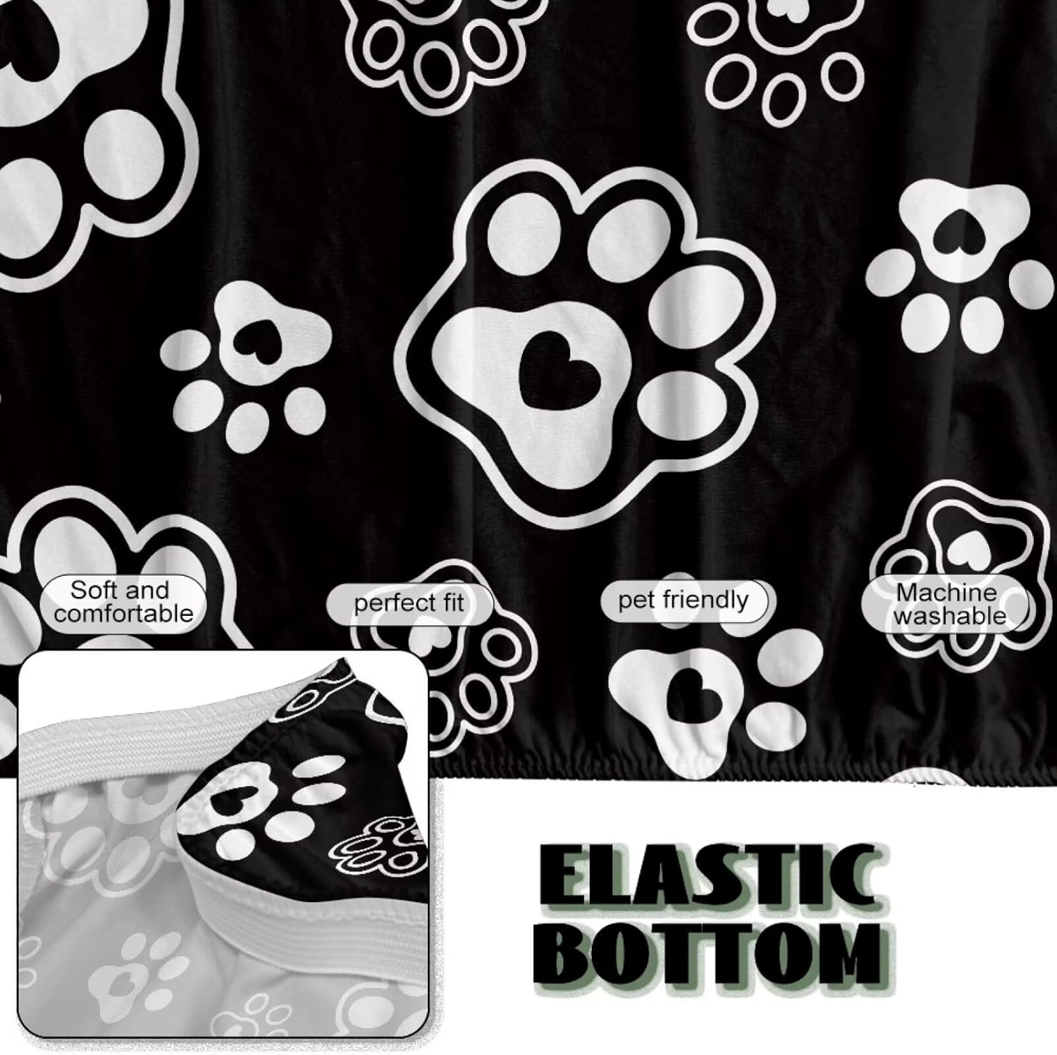 Futon Cover with Elastic Bottom Armless Sofa Covers Non Slip Washable Couch Slipcover Scratch-Resistant Futon Sofa Slipcover for Dogs Cats, Paw Print Black