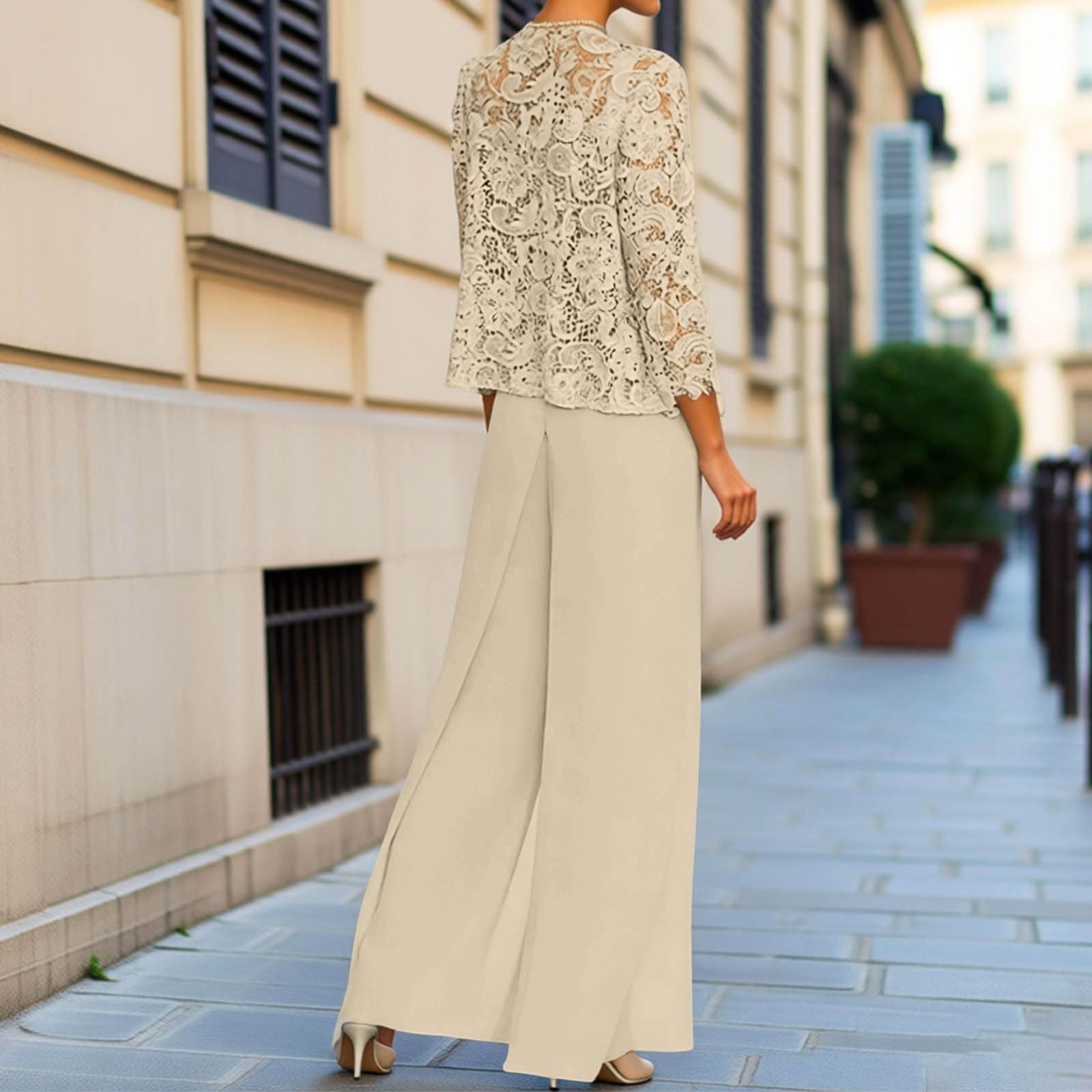 Generisch Ensemble 3 pièces pour femme - En mousseline de soie - Élégant débardeur en dentelle + cardigan à manches longues + pantalon large - Costume tendance pour invité de mariage et soirée