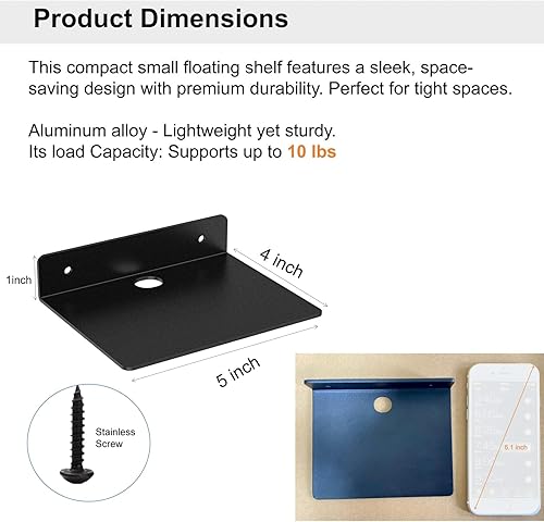 Miniatura 2 de Estante pequeño para pared, 5 pulgadas, estantes flotantes de metal para eco, cámaras, estantes de montaje en pared para altavoces pequeños (negro,