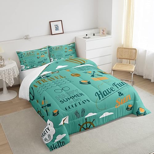 Miniatura 4 de Juego de edredón náutico para adolescentes, juego de ropa de cama con brújula de ancla, tamaño individual, relleno de edredón del océano costero