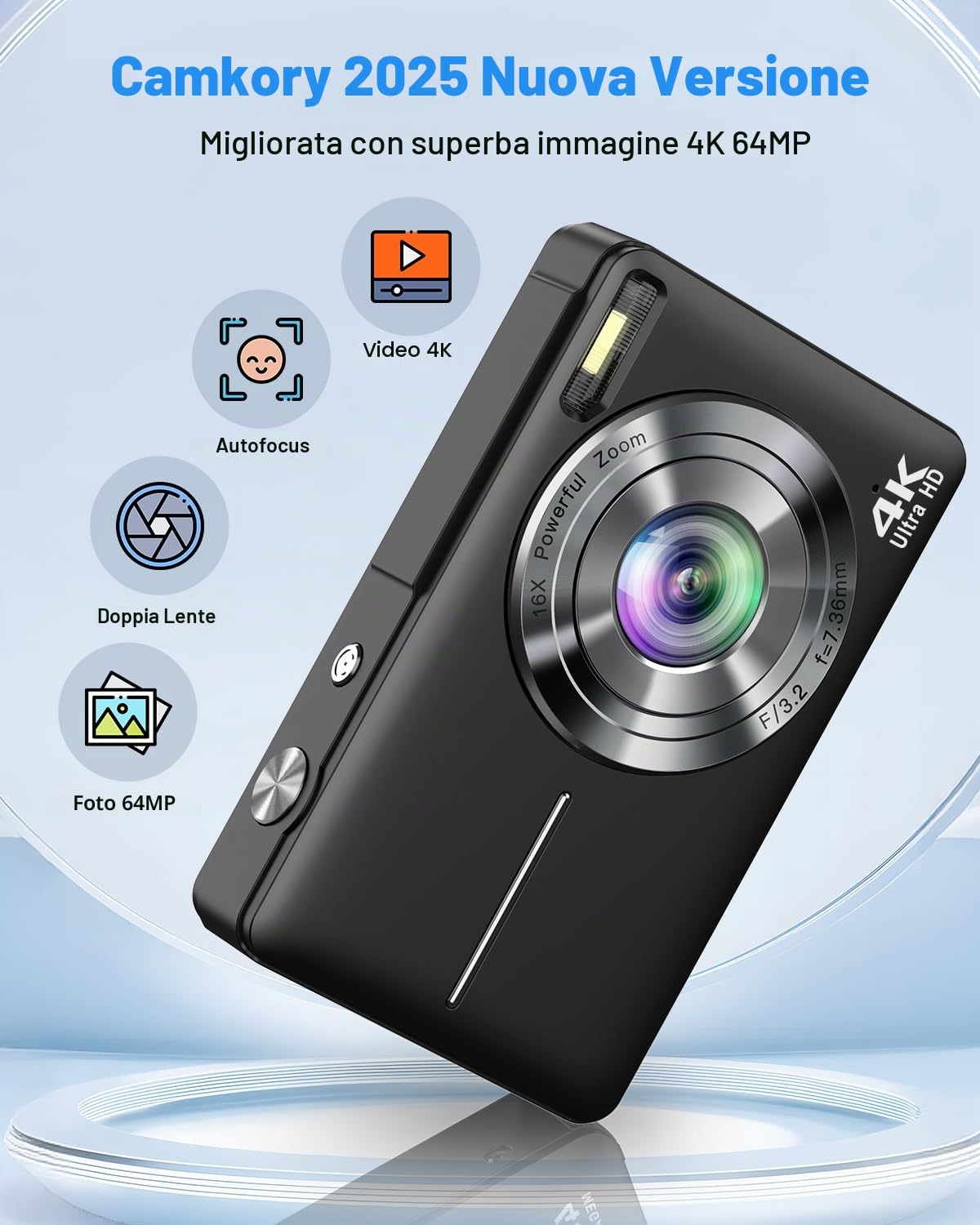Fotocamera digitale 4K 64MP, Macchina Fotografica Digitale doppia fotocamera con autofocus, flash, zoom 16X, scheda da 32 GB, fotocamera per bambini, adolescenti, e principianti(nero)