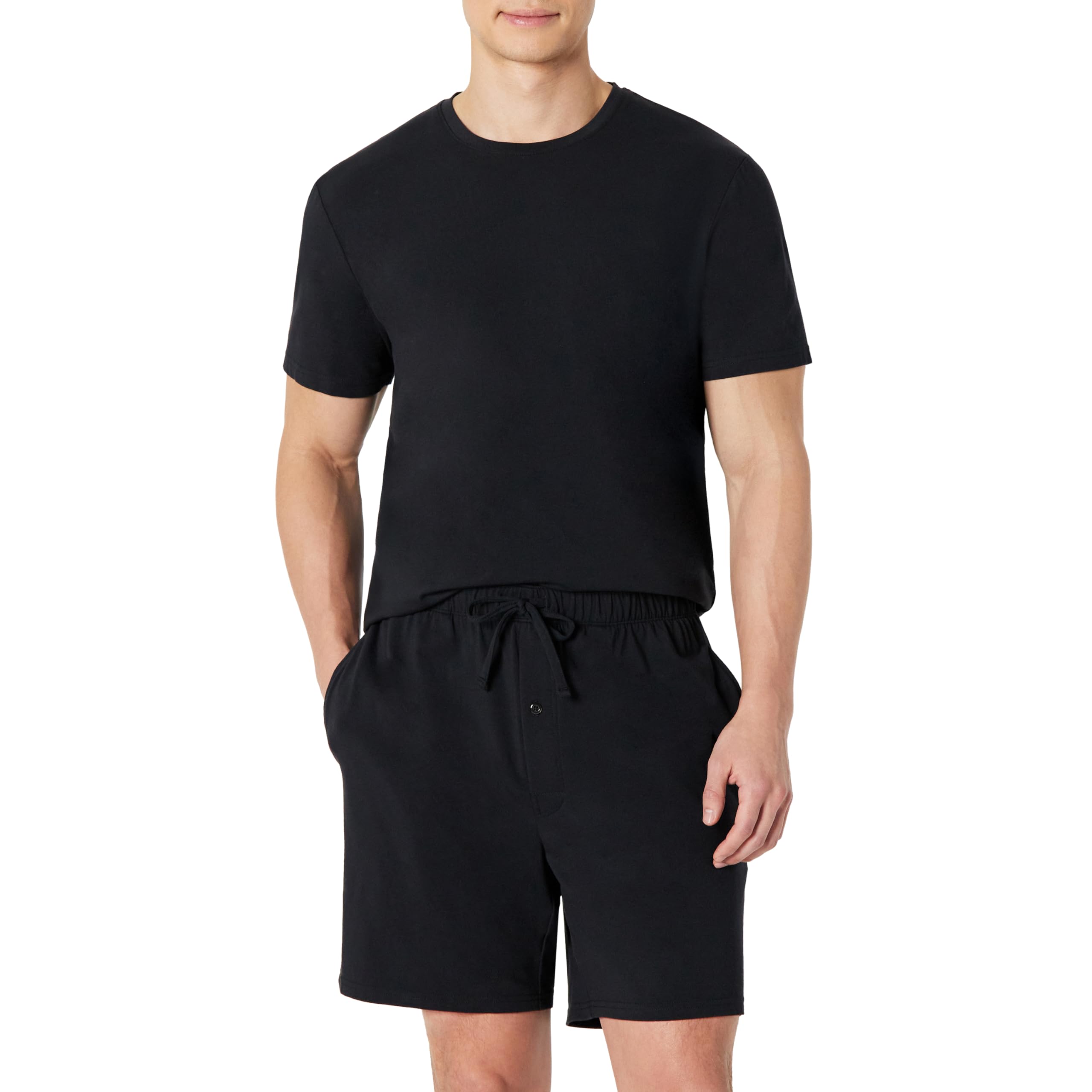 Amazon Essentials Men's Cotton-Modal Pajama Set, Short Sleeve T-Shirt and Shorts, Black, Small