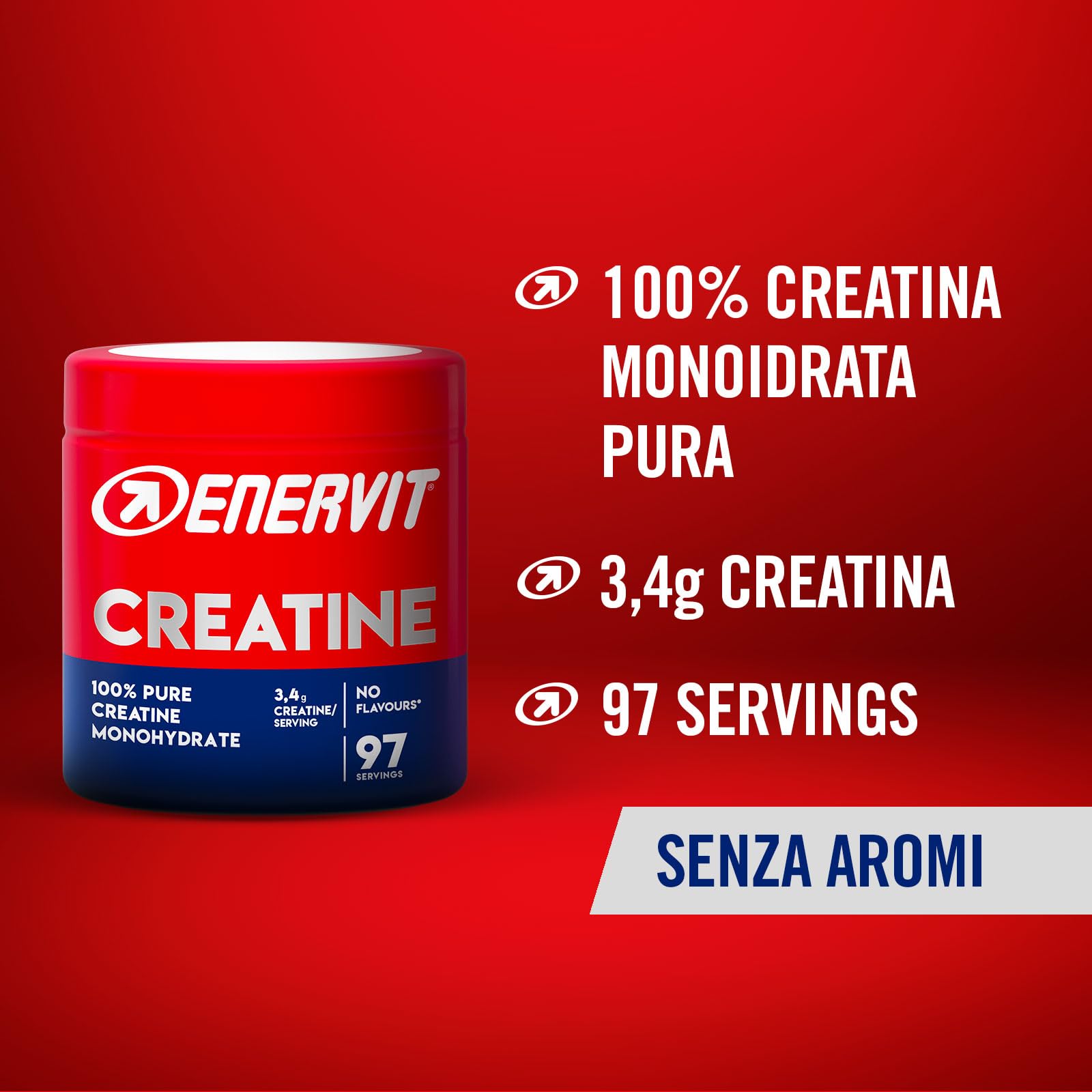 Enervit, Creatina Monoidrato Pura, Senza Aromi, Per Migliorare le Performance muscolare, 3,4g di Creatina per Porzione, Da Assumere nel Corso della Giornata, Vegan, Barattolo da 330g