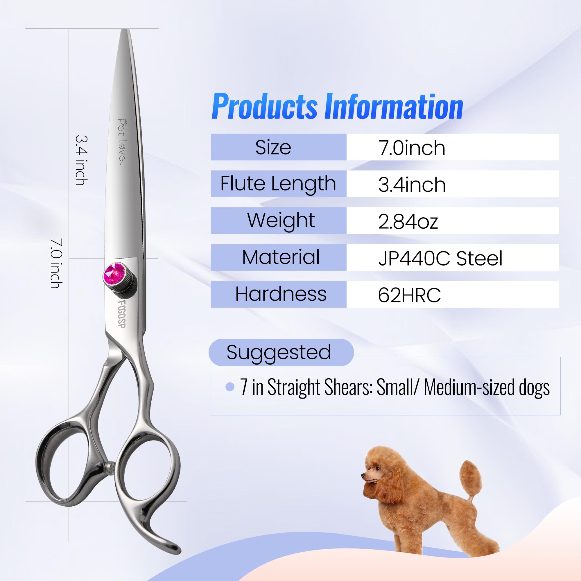 Tijeras rectas de aseo para perros de 7.0 pulgadas, tijeras profesionales para el aseo para mascotas, gatos, japonesas 440C, tijeras para perros pequeños, súper afiladas (7.0 pulgadas, recto)