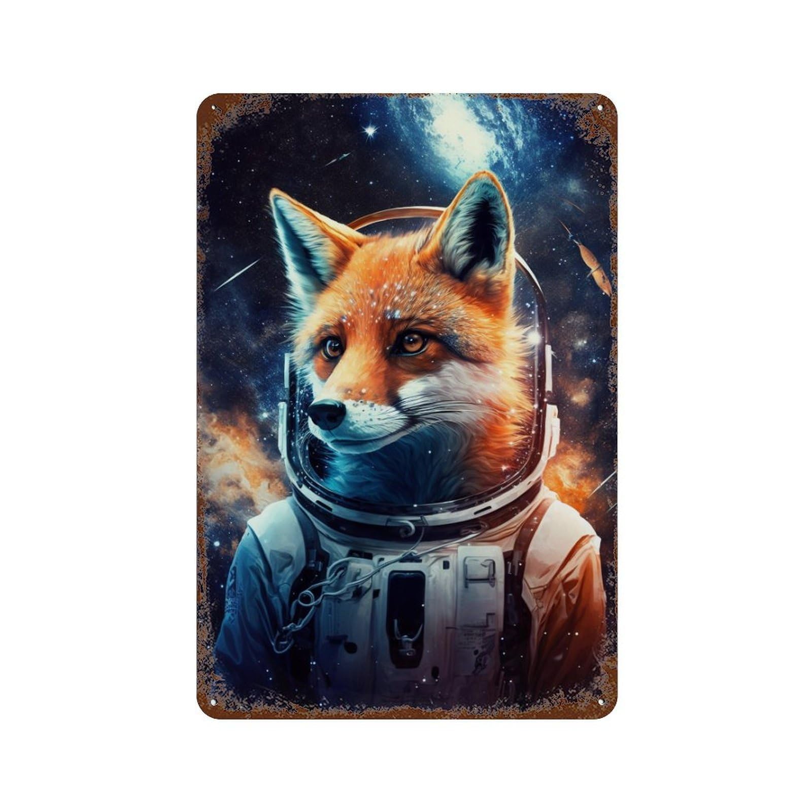 Cosmic Fox Astronaut Distressed Metal Wall Sign 11.8"x7.9", for Garage, Bar And Workshop Decor, Decorative Metal Wall Art