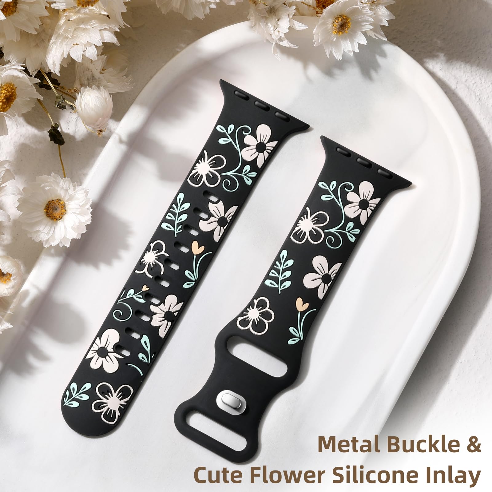Witzon Correa floral compatible con correas de Apple Watch para mujer de 40 mm, 41 mm, 38 mm, 42 mm, 44 mm, 45 mm, 46 mm, 49 mm, correa de silicona grabada con bonitas flores para iWatch Series 10, 9