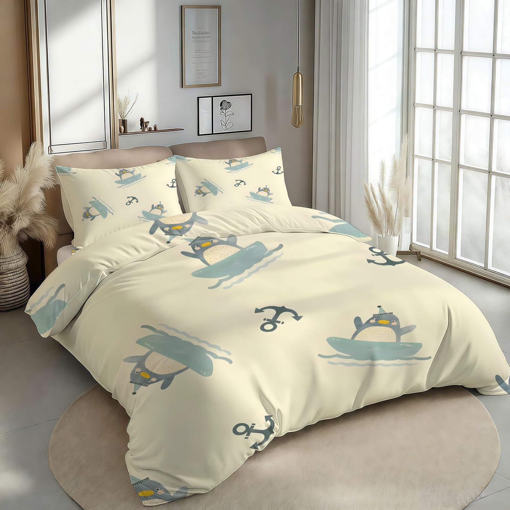 Funda Nordica Cama 90 Infantil Pingüino y anclaRopa de Cama Acuarela Microfibra Suave y Cómoda con Cremallera Funda Edredon 150x200-2 Fundas Almohada 50x75 GF1394