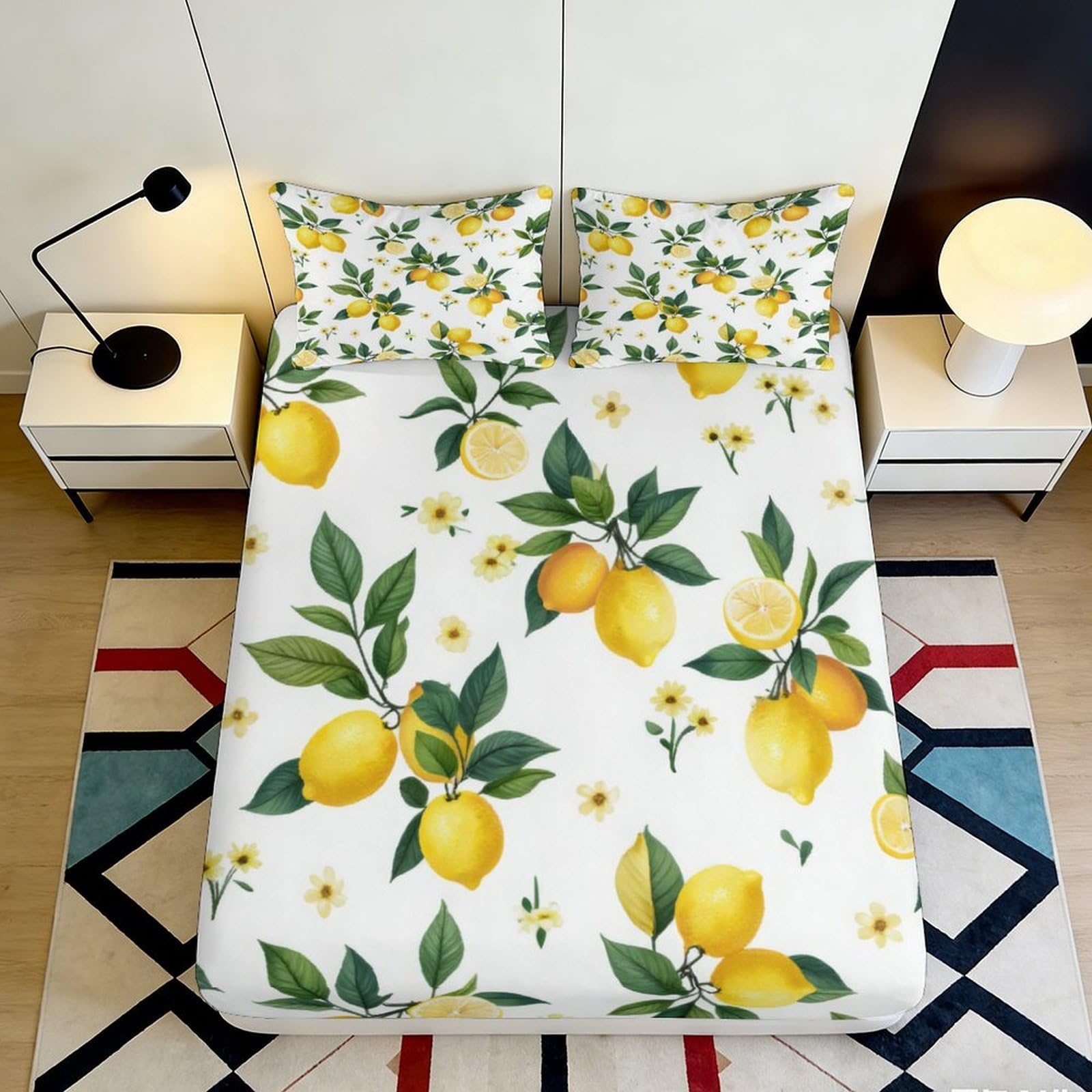 3D Printed Lemon Botanical Fitted Sheet Microfiber Soft Yellow Citrus Mattress Cover Bedroom Decor Easy Care 90x200x25cm
