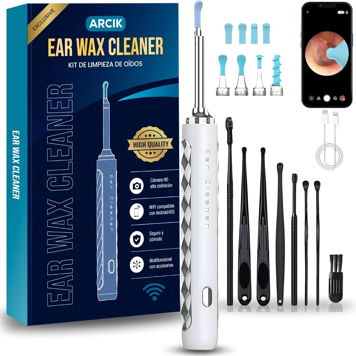 Otoscopio Limpiador Oidos Adultos - Otoscopio Limpiador de Oidos Cera con Camara HD - Ear Cleaner con 6 Puntas de Silicona y 7 Accesorios - Compatible Android e iOS, color Azul/Blanco (Blanco)