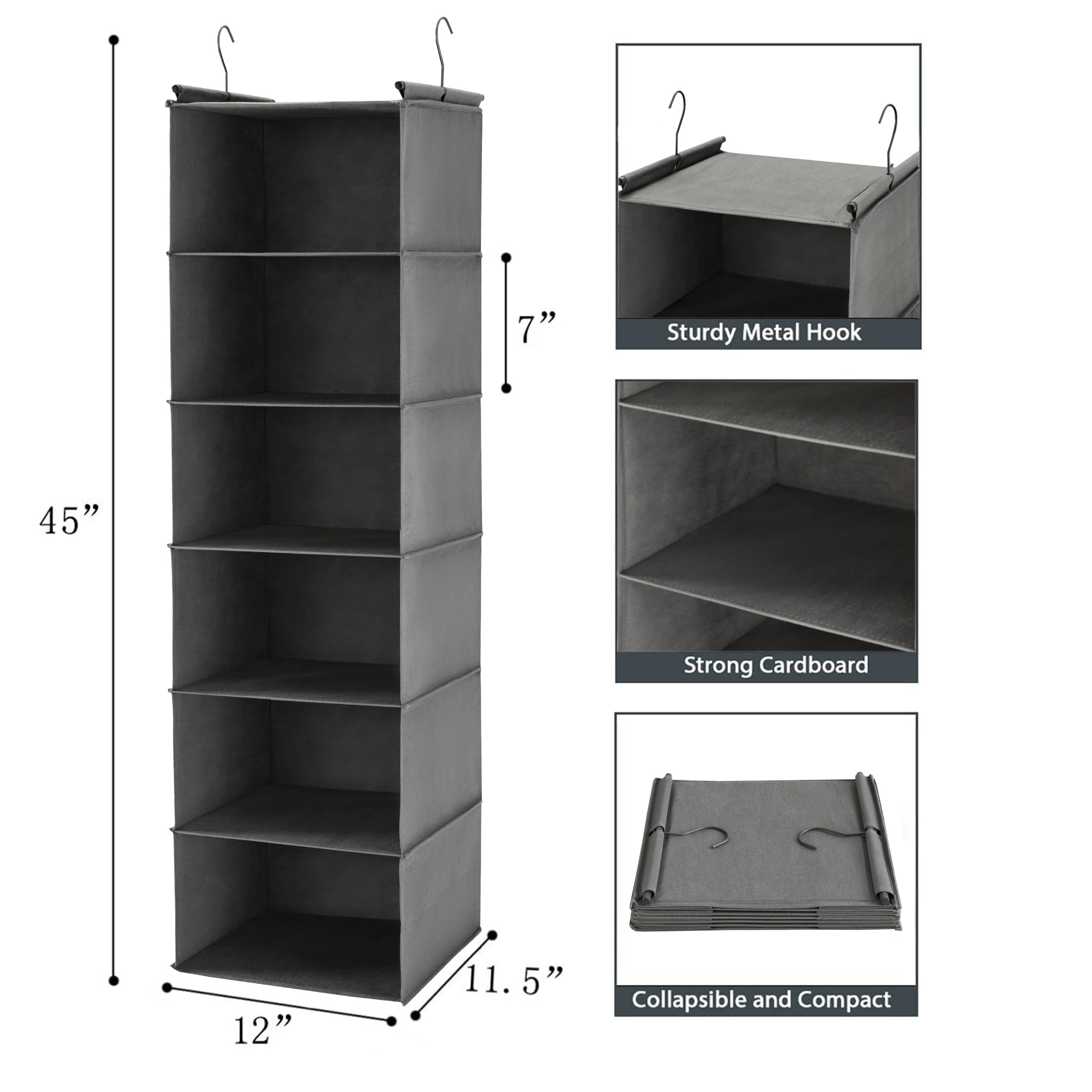 MAX Houser Organizador de armario colgante de 6 niveles, estante colgante de armario con 2 ganchos resistentes para almacenamiento, paquete de 2, plegable (gris)