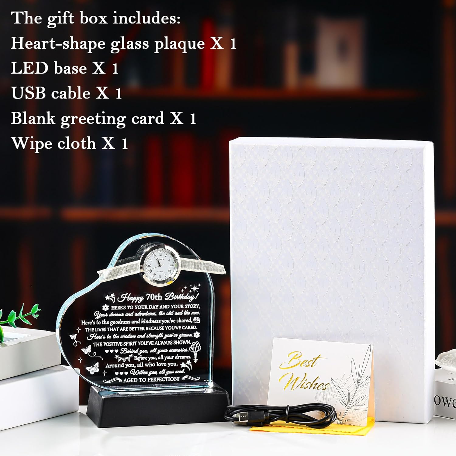 Movdyka Unique Happy 70th Birthday Gifts for Women & Men - Personalized 1955 Glass Clock Decor with Night Light, Classy 70 Year Old Female Present for Mom, Dad, Grandparents, Friends