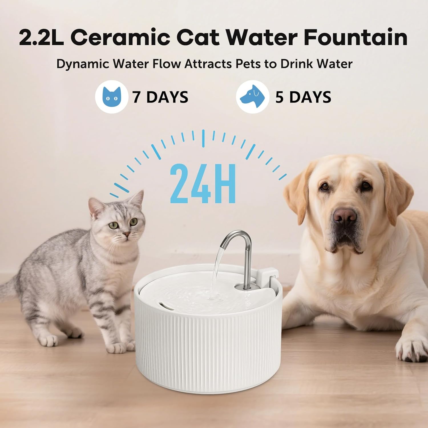 Upgrade Ceramic Cat Water Fountain, 2.2L/78oz Ceramic Cat Fountain, Automatic Ceramic Water Fountain for Cats, Pet Water Fountain with Ultra-Quiet Pump (White)