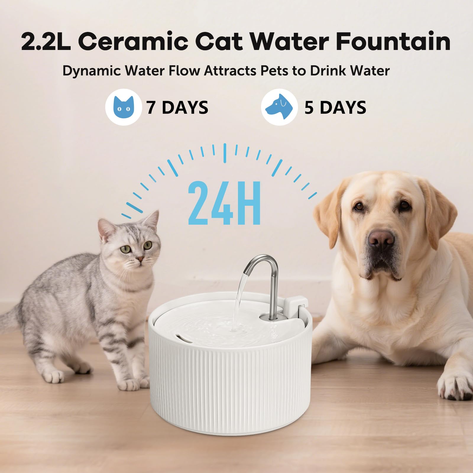Upgrade Ceramic Cat Water Fountain, 2.2L/78oz Ceramic Cat Fountain, Automatic Ceramic Water Fountain for Cats, Pet Water Fountain with Ultra-Quiet Pump (White) - image 3