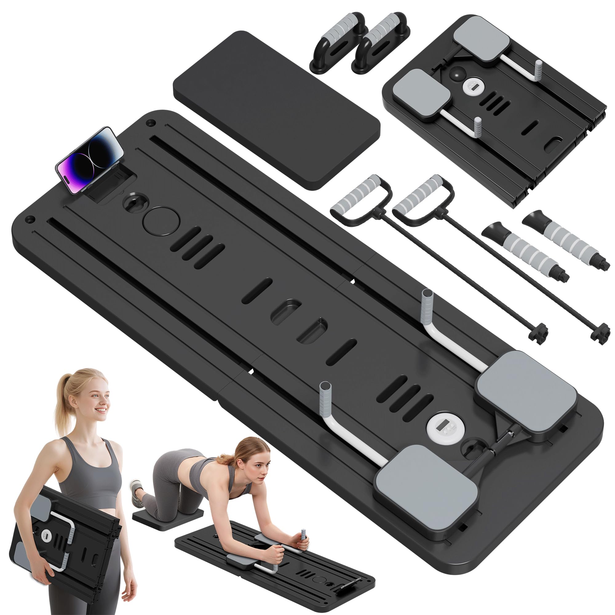 Pilates Board, Faltbarer Pilates Reformer Maschine Set Für Zuhause, Multifunktionales Core-Trainingsgerät Mit Automatischer Rückprallroll und Handyhalter Für Home Workout Equipment