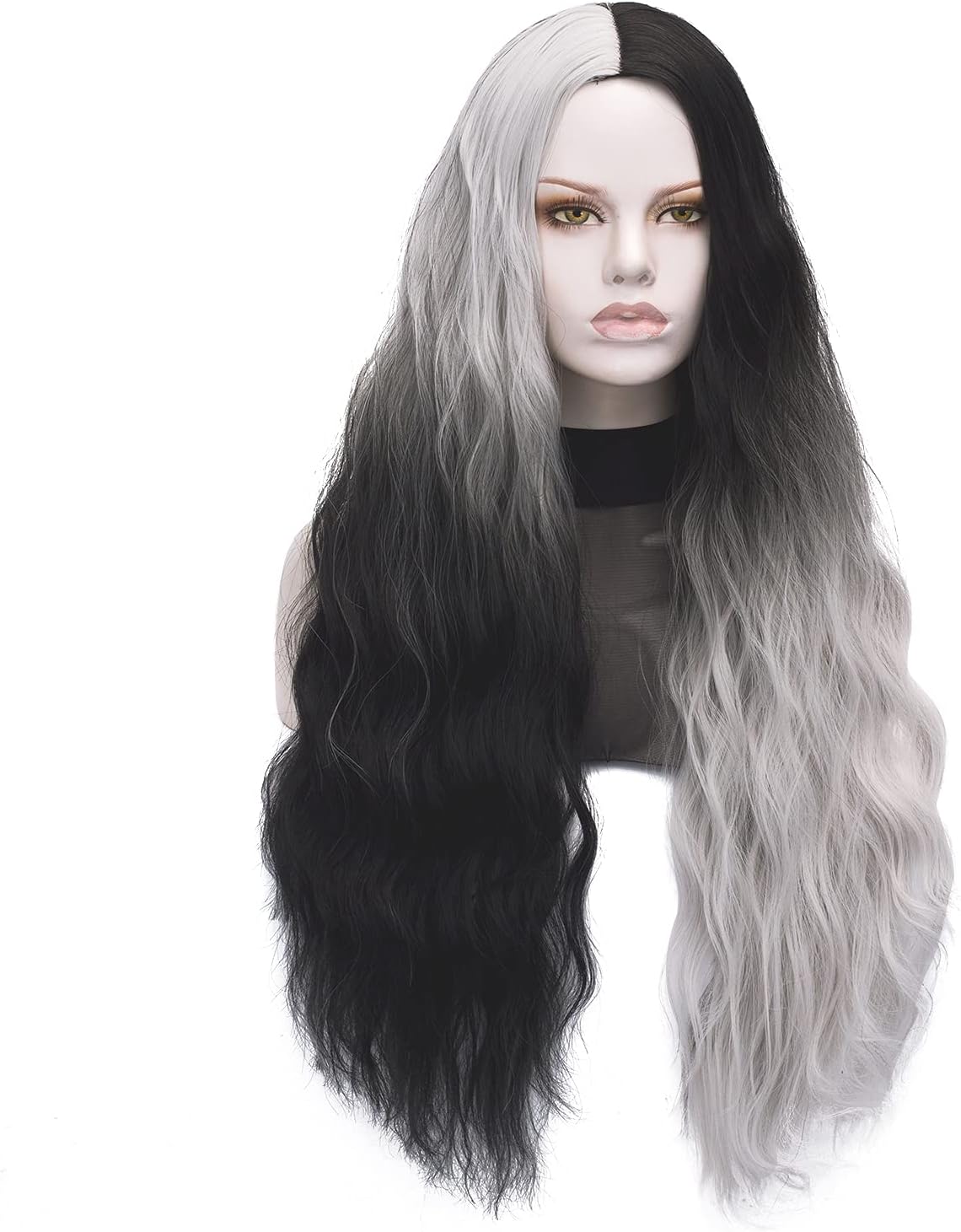 Goth Wig | Qaccf Long Curly Pelucase Hallowen Party Costume Wavy Women Grey Cosplay Wig (Grey and Black)