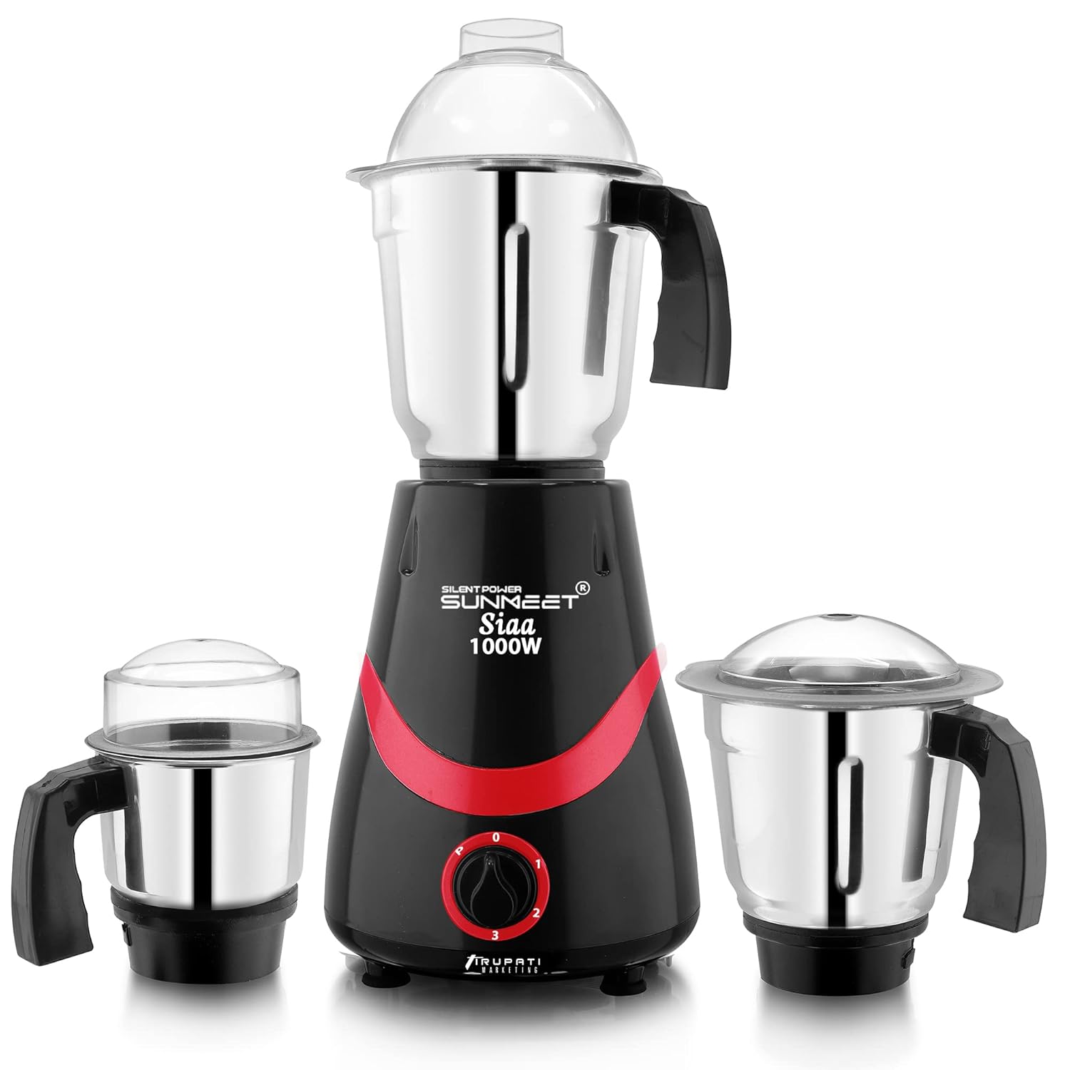 SilentPowerSunmeet Latest New Model SIAA 1000-Watts Mixer Grinder with 100% Copper Motor with 3 Heavy Aluminium Base Stainless Steel Jars(Dry Jar, Chutney Jar, Liquid Jar) Red-Black.Company 37 Years of Servicing Marketing and Manufacturing Since 1984.