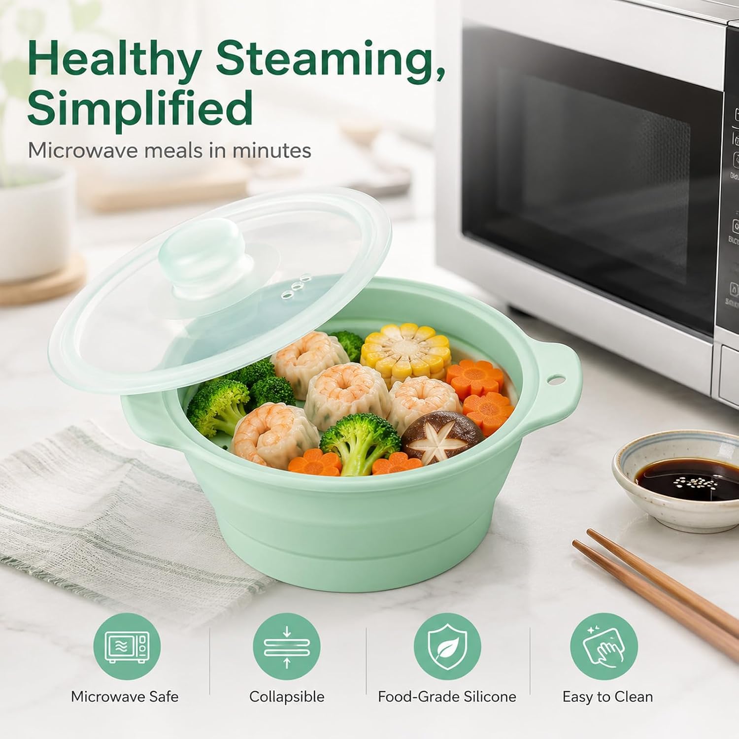 Collapsible Silicone Microwave Steamer with Removable Rack