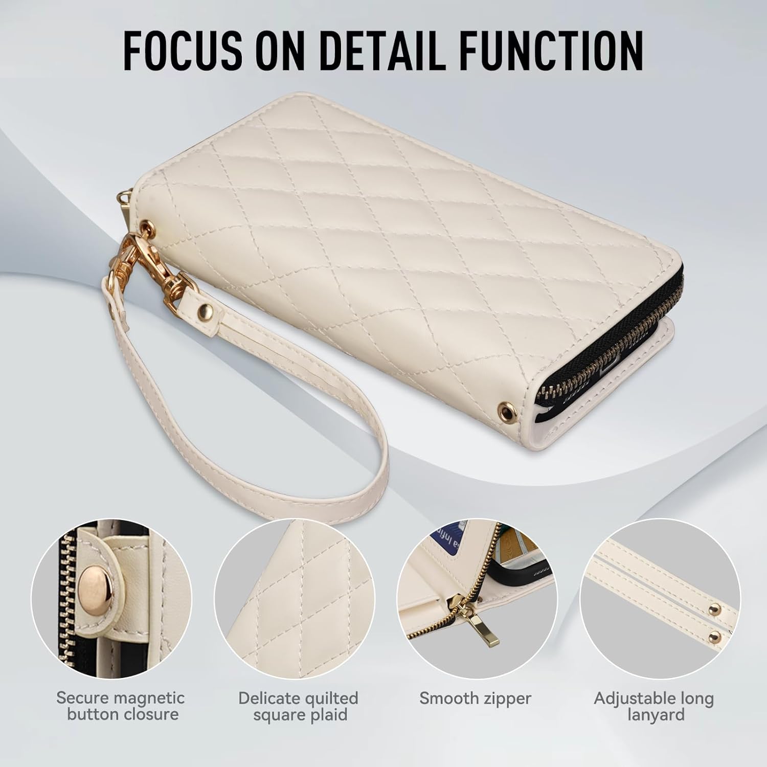 Rssviss Crossbody Case for iPhone 17 Pro Max Case Wallet, RFID Blocking Leather with Card Holder Kickstand, Handbag Zipper Flip Cover with Wrist Strap for iPhone 17 Pro Max Men Women 6.9", White - Image 7