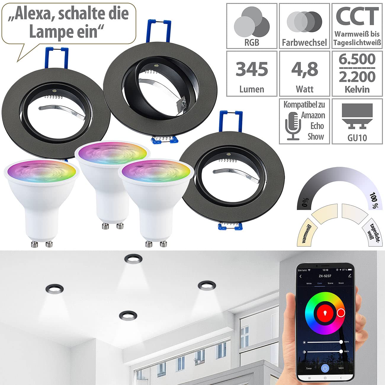 3 cadres encastrables coloris noir avec 3 ampoules LED connectées LAV-300.zigbee [Luminea]