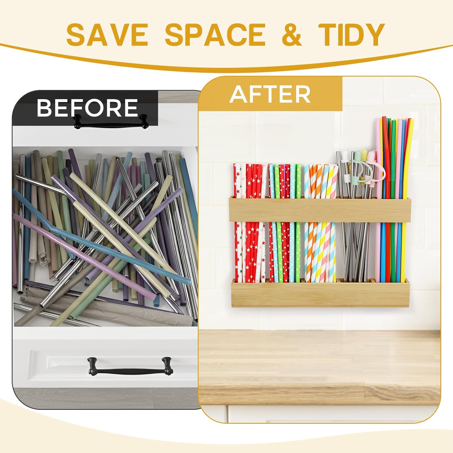Bamboo Drinking Straw Dispensers, Straw Holder for Cabinet Door, Adjustable Two-Part Straws Organizer Storage,Ultra Sticky Reusable for Kitchen Door - Image 2